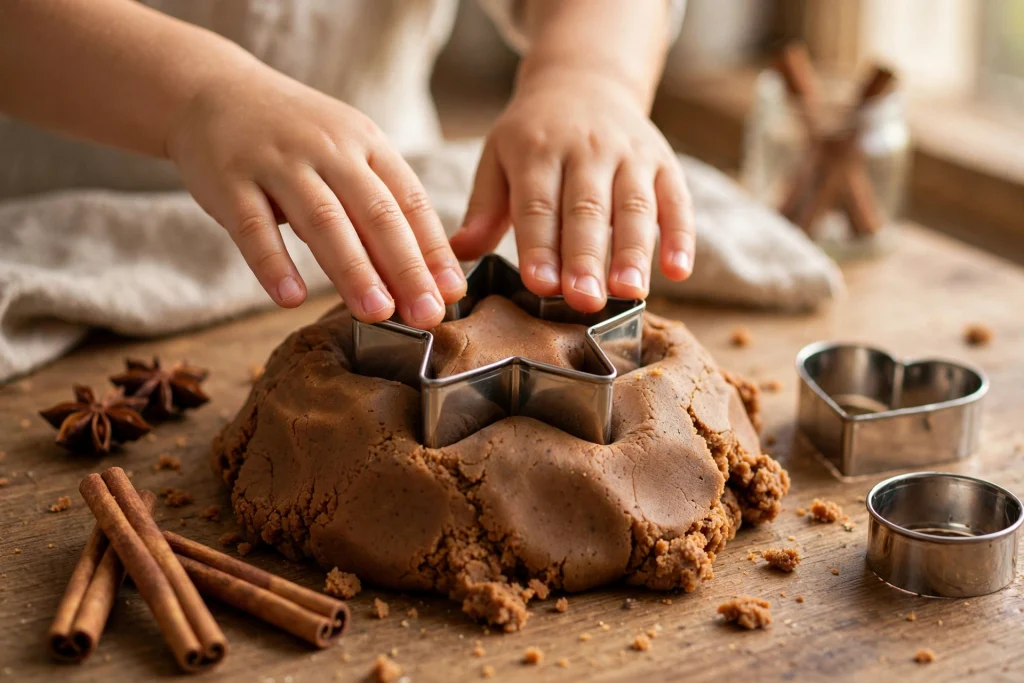 Gingerbread-scented brown playdough with Christmas cookie cutters