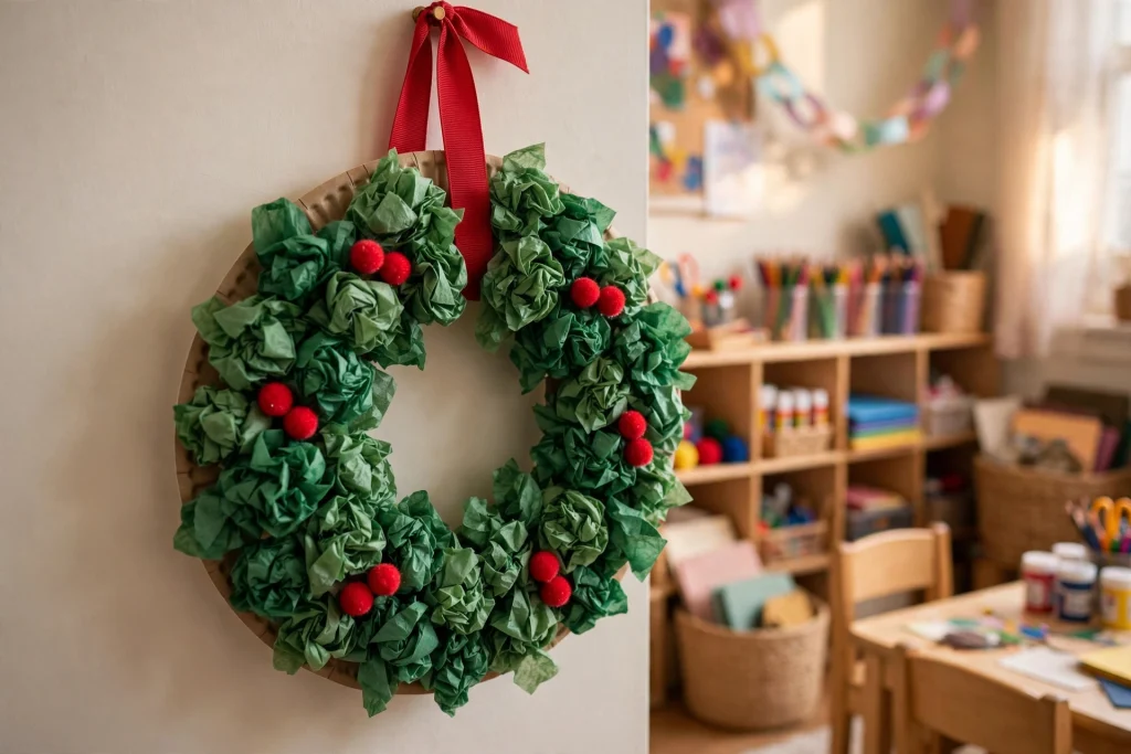 Paper plate Christmas wreath with tissue paper