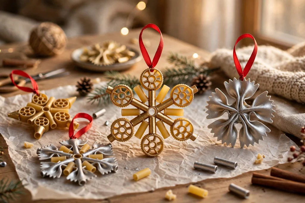 Gold pasta snowflake ornaments craft