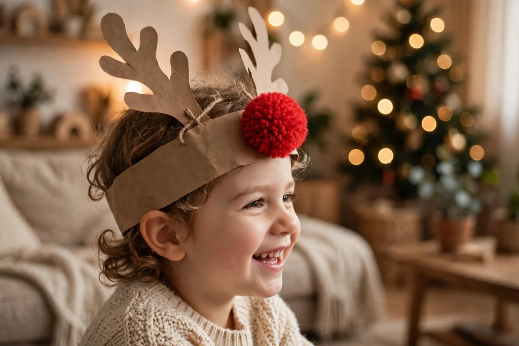 Reindeer headband craft worn by a preschooler