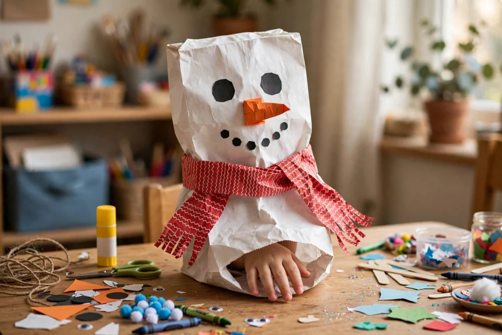 Snowman paper bag puppet craft