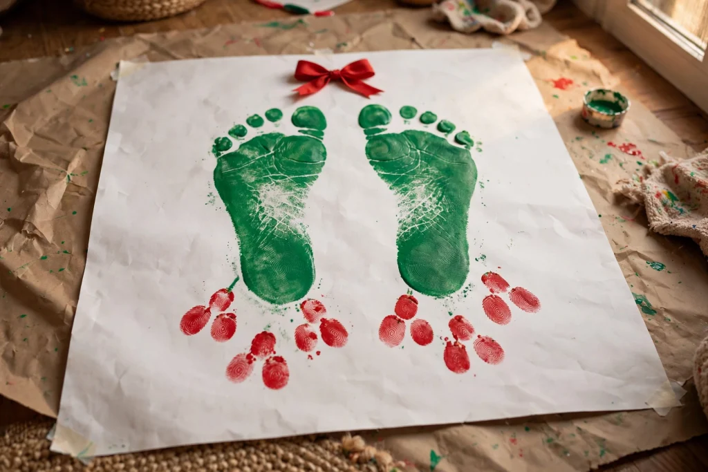 Footprint mistletoe craft with red fingerprint berries