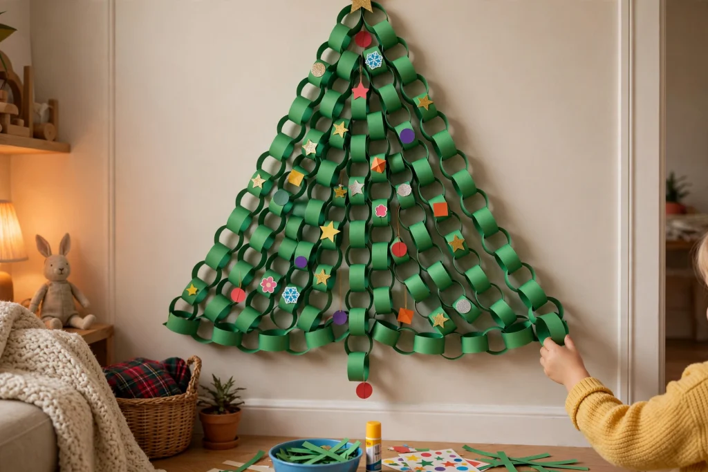 Paper chain Christmas tree on the wall