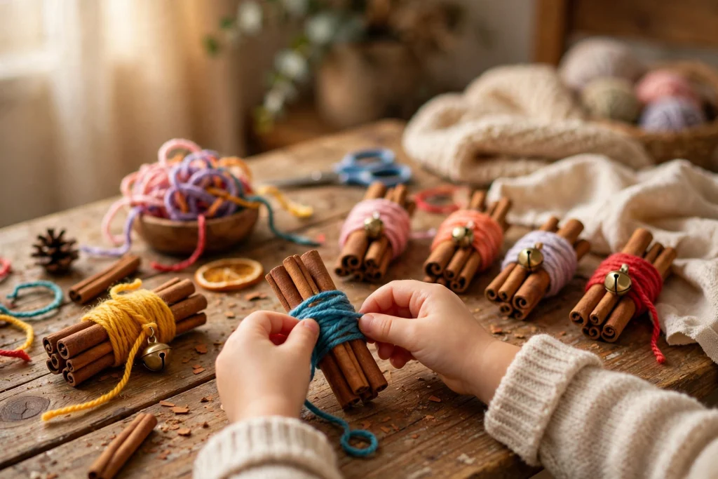 Cinnamon stick bundles wrapped with yarn