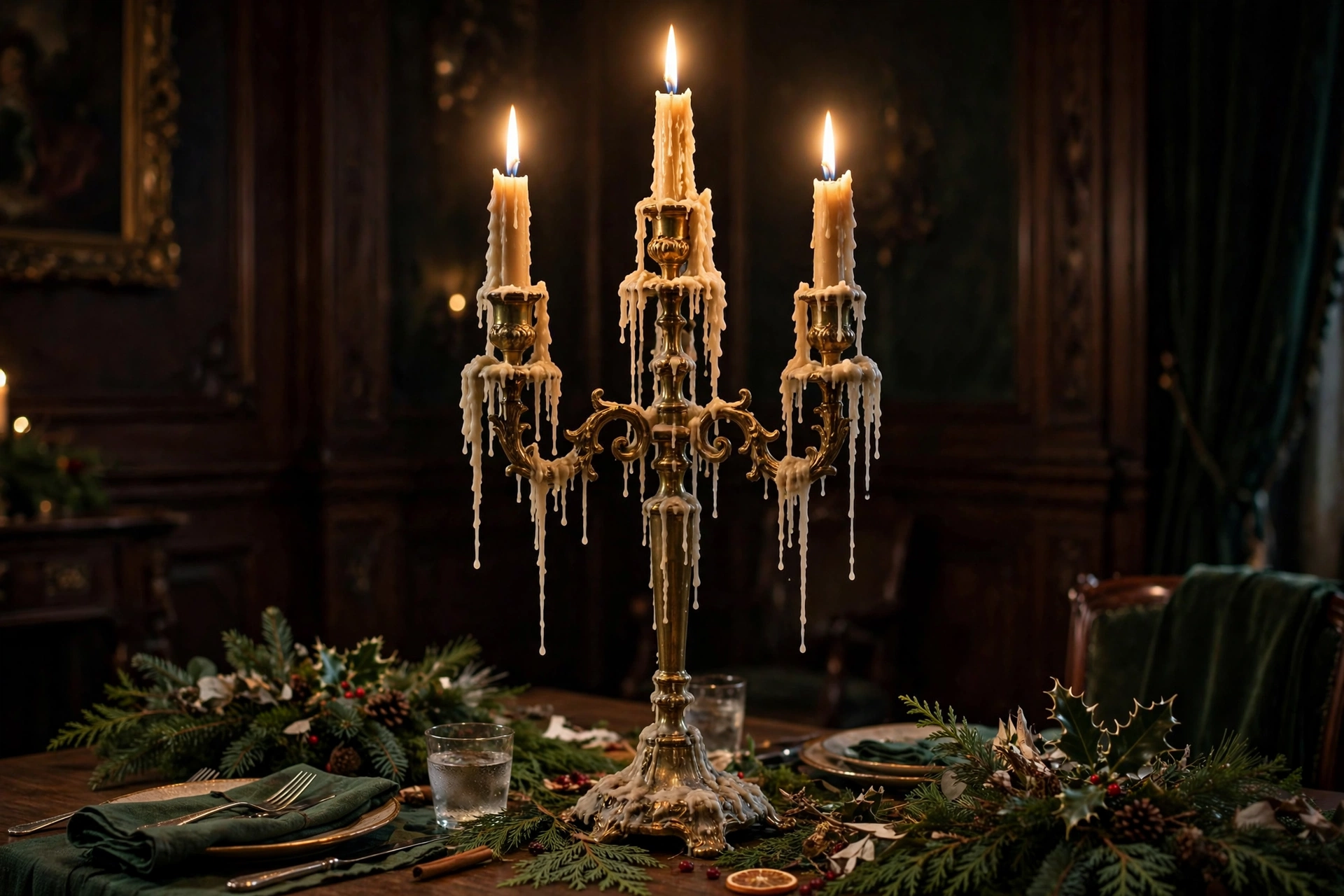 Towering brass candelabra with lit tapers as a Christmas table centerpiece