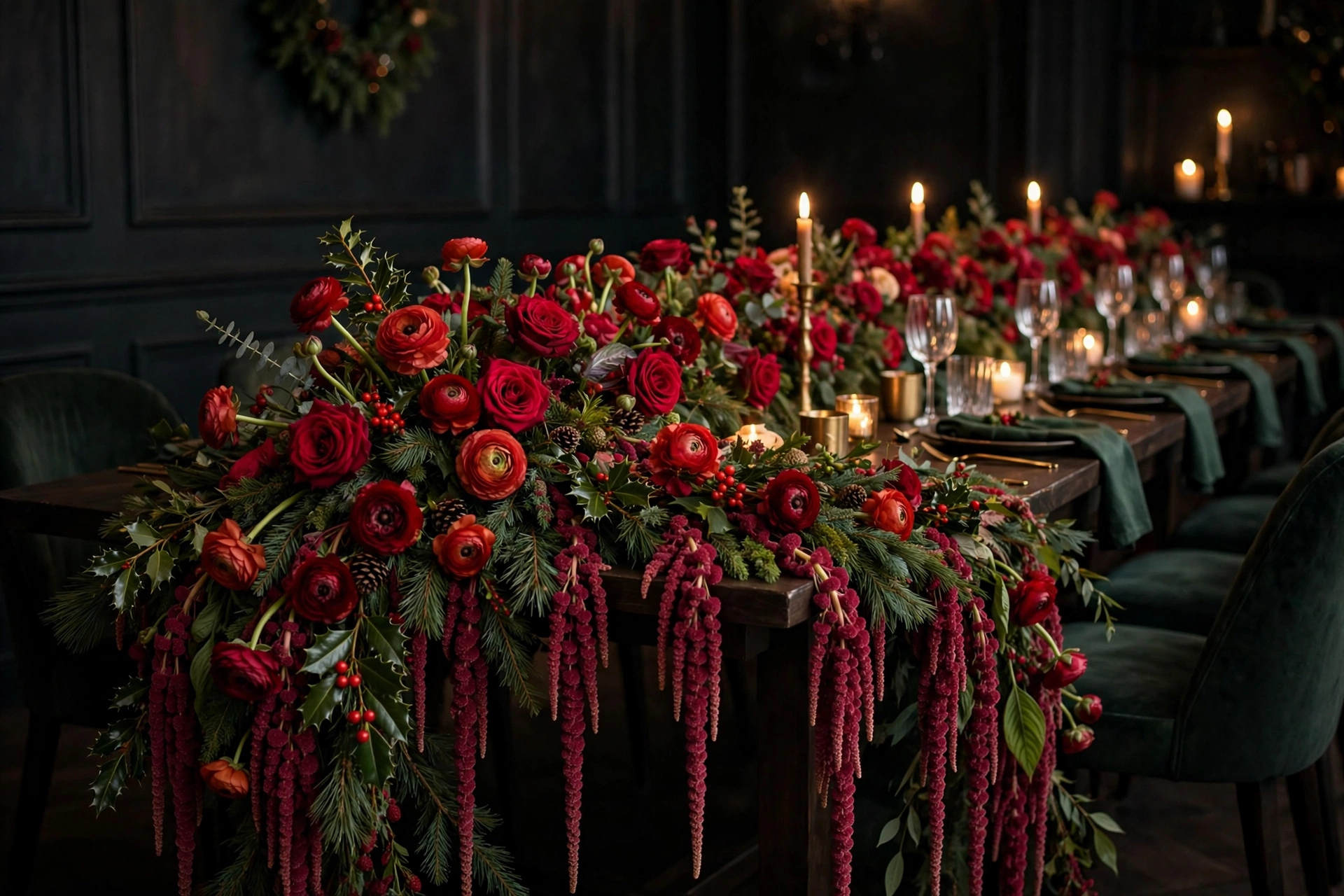Cascading red rose runner flowing down the center of a Christmas dinner table