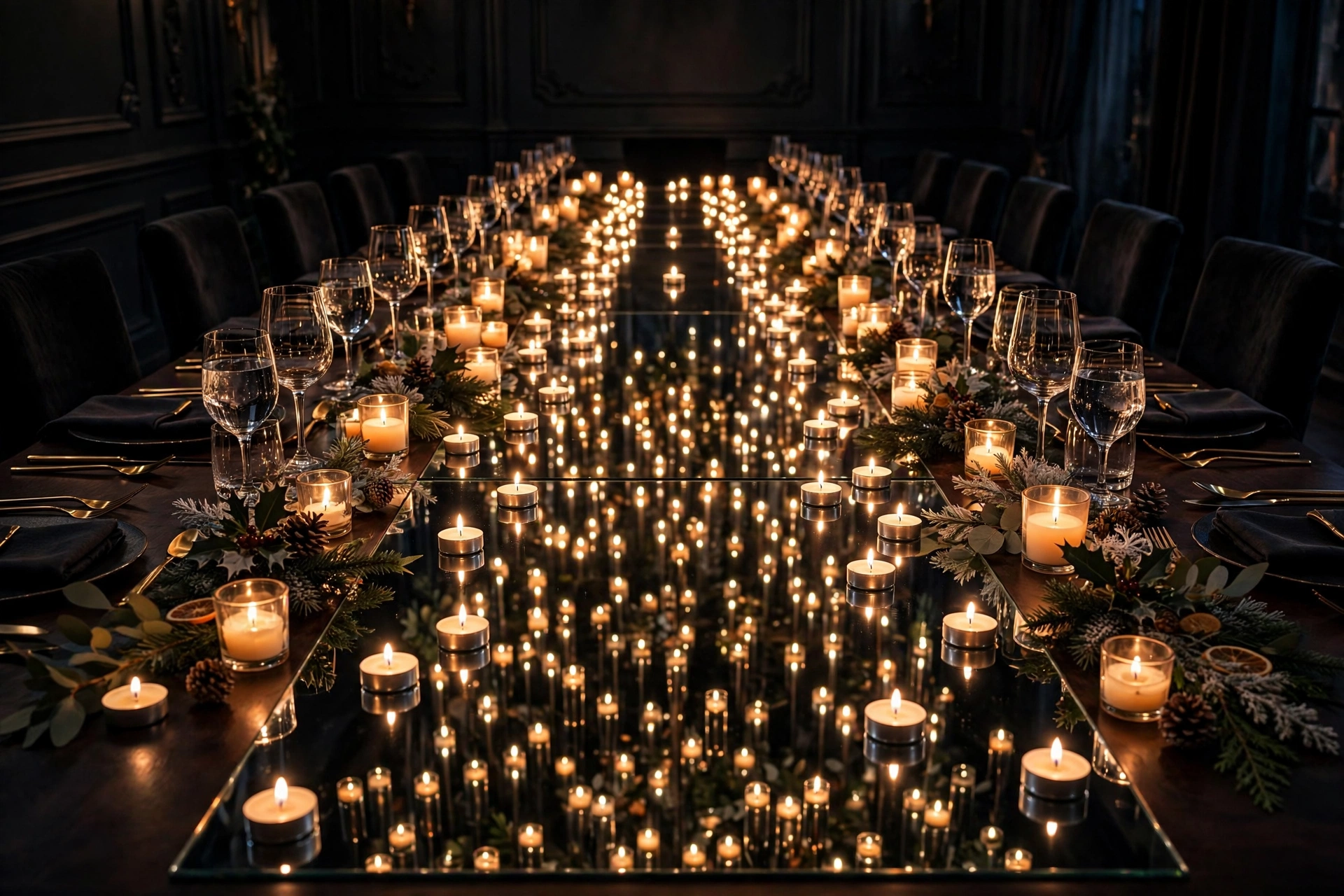 Mirrored table runner reflecting dozens of Christmas candle flames