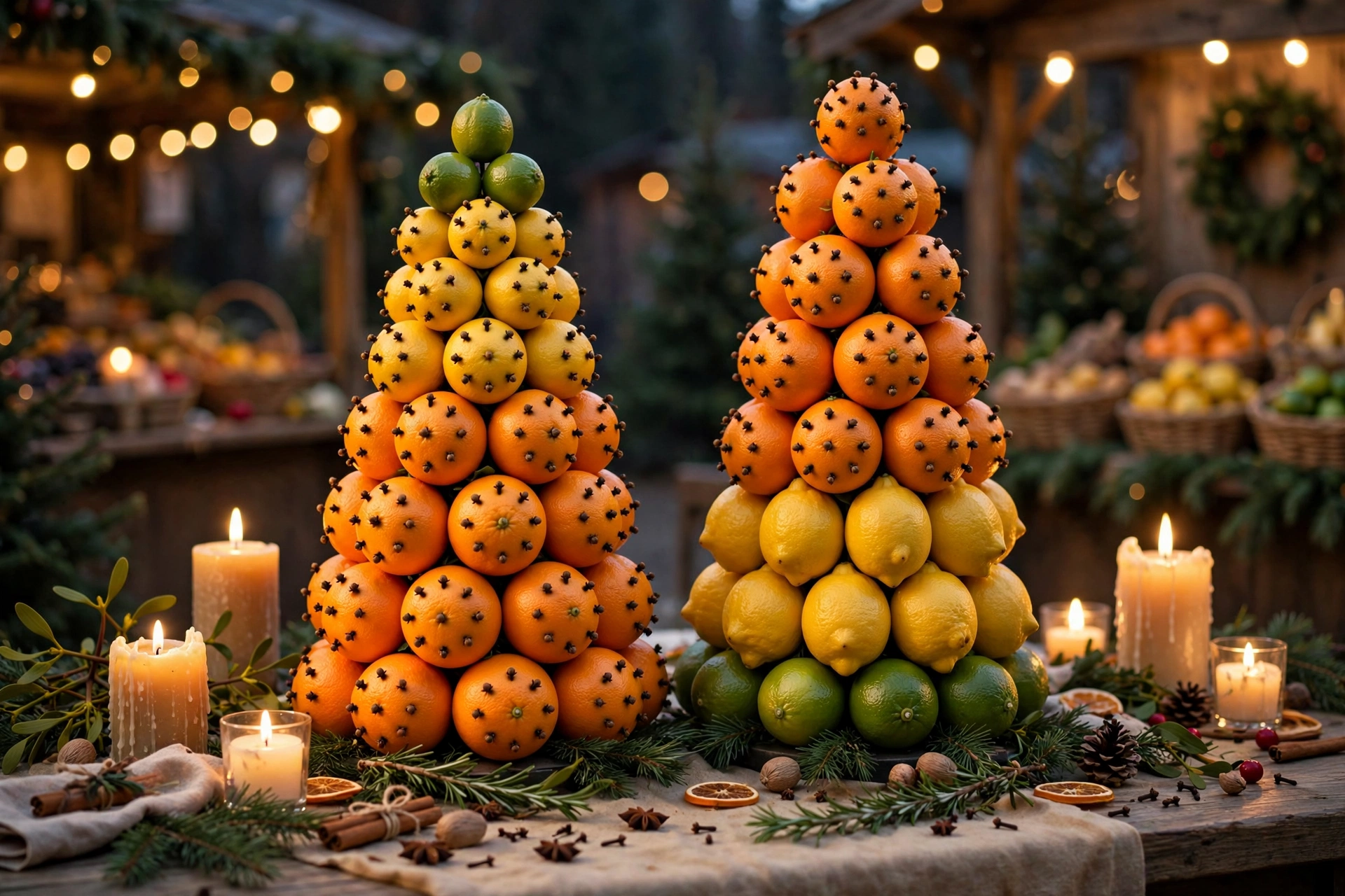 Dramatic citrus topiary pair of stacked oranges and lemons studded with cloves