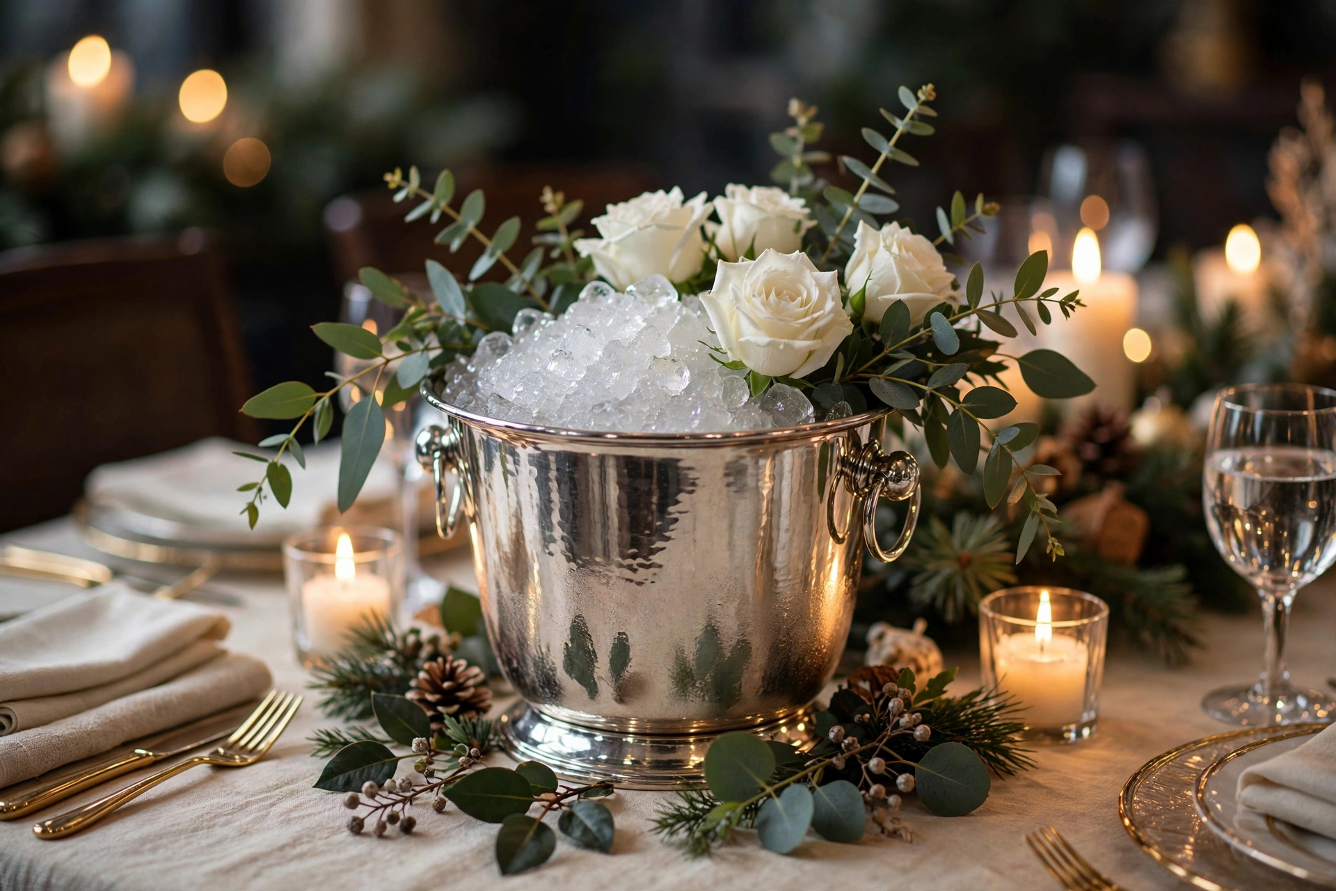 Silver champagne bucket ice display with white roses as a Christmas centerpiece