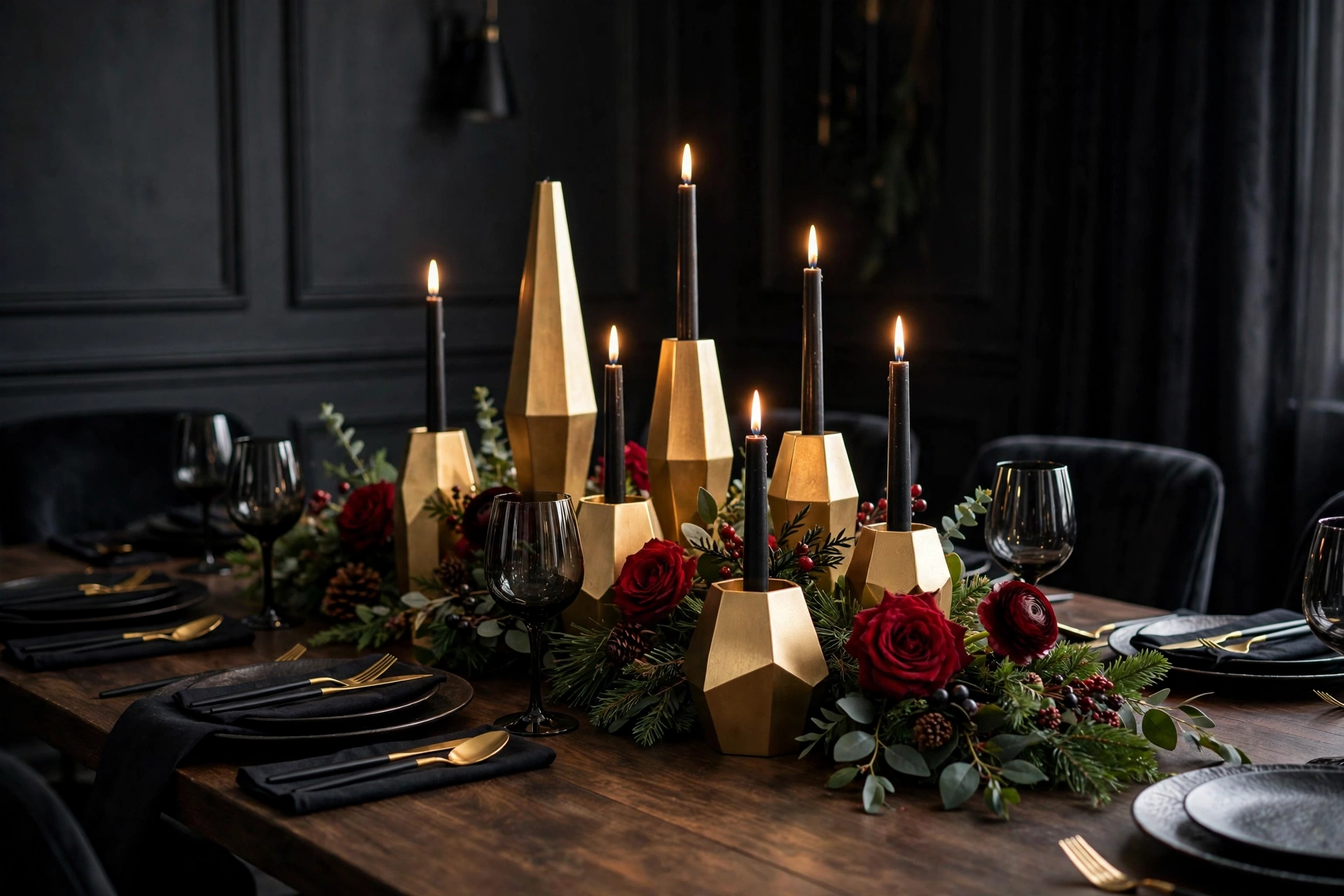 Black and gold Christmas tablescape with geometric candle holders and black tapers
