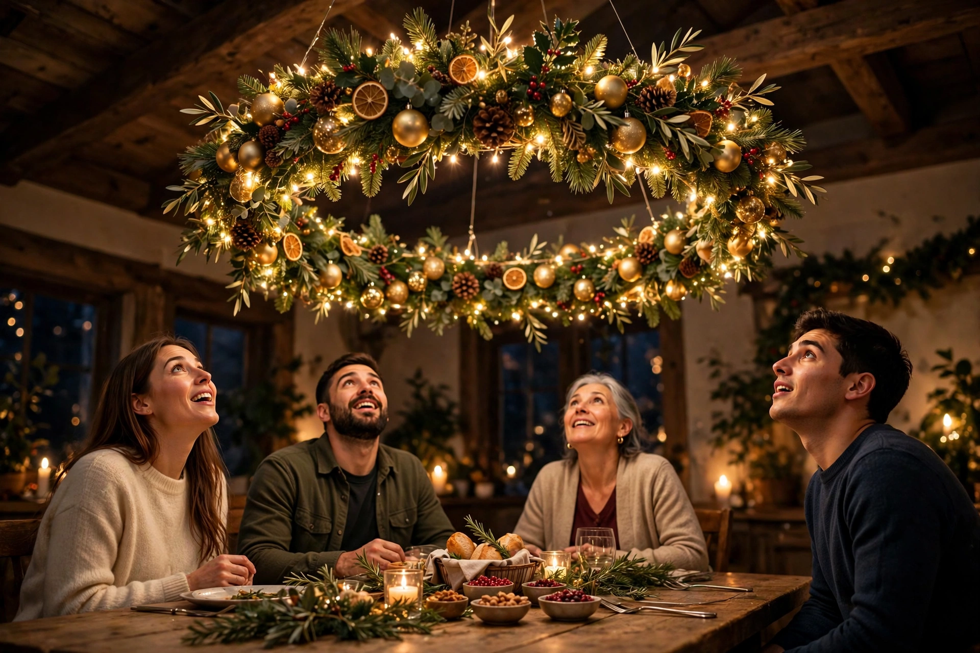 Overhead greenery chandelier with ornaments and fairy lights above a Christmas table