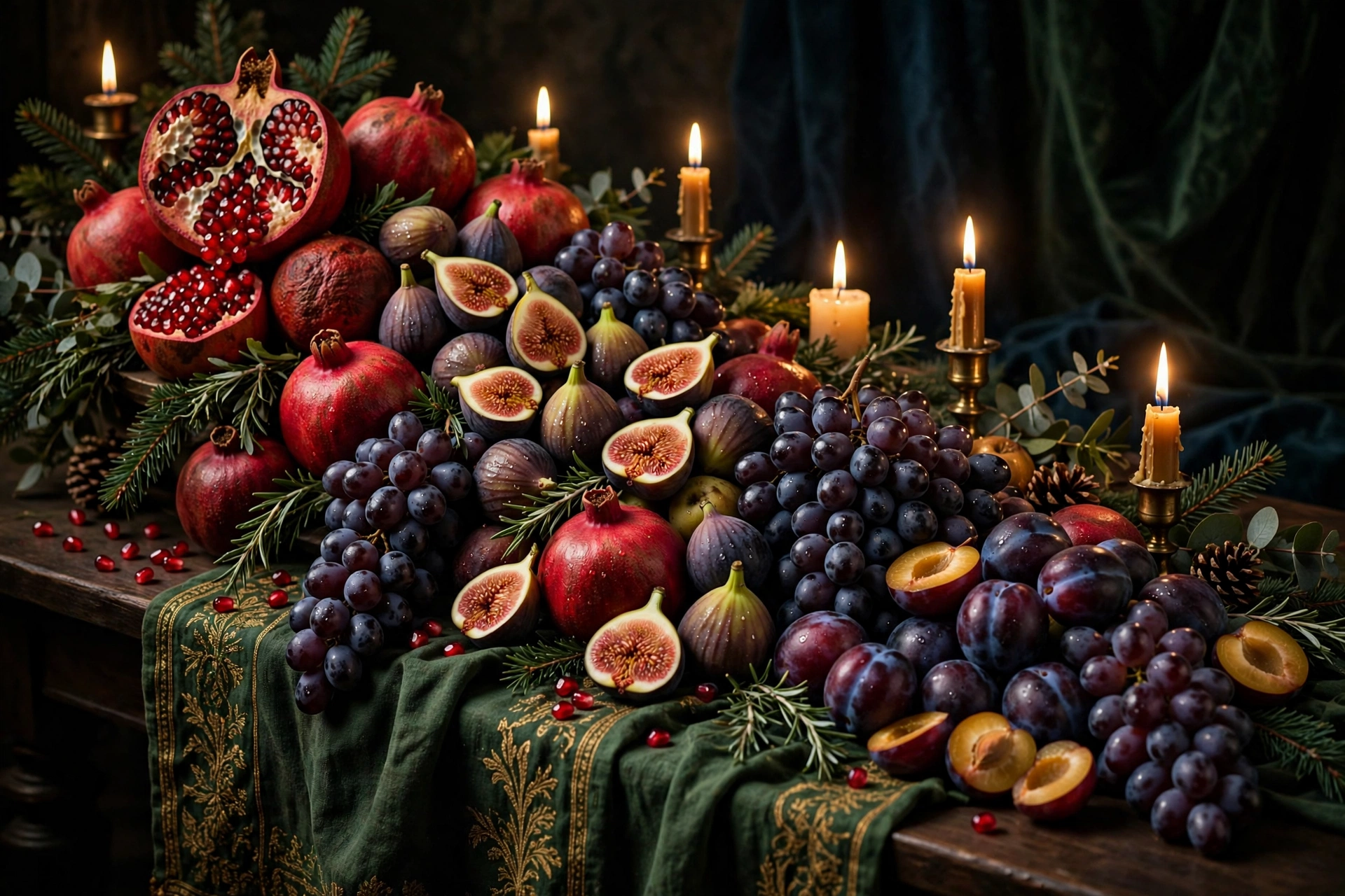 Pomegranate and fig abundance runner with jewel-toned fruit as a centerpiece