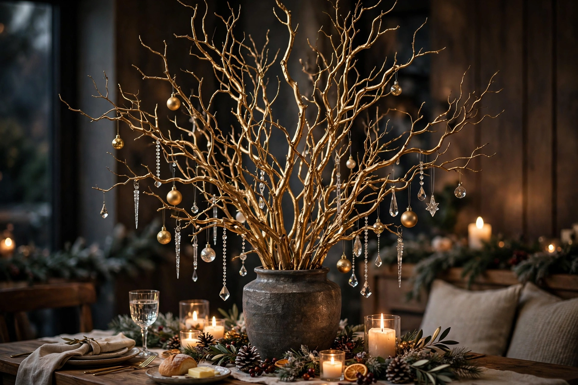 Tall gold spray-painted branch sculpture with ornaments in a heavy vase