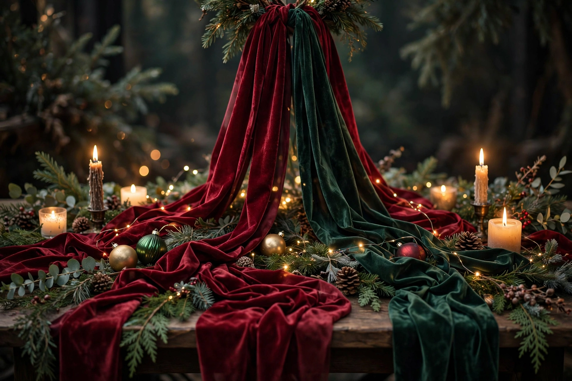 Velvet ribbon cascade in deep red and emerald draped across a Christmas table