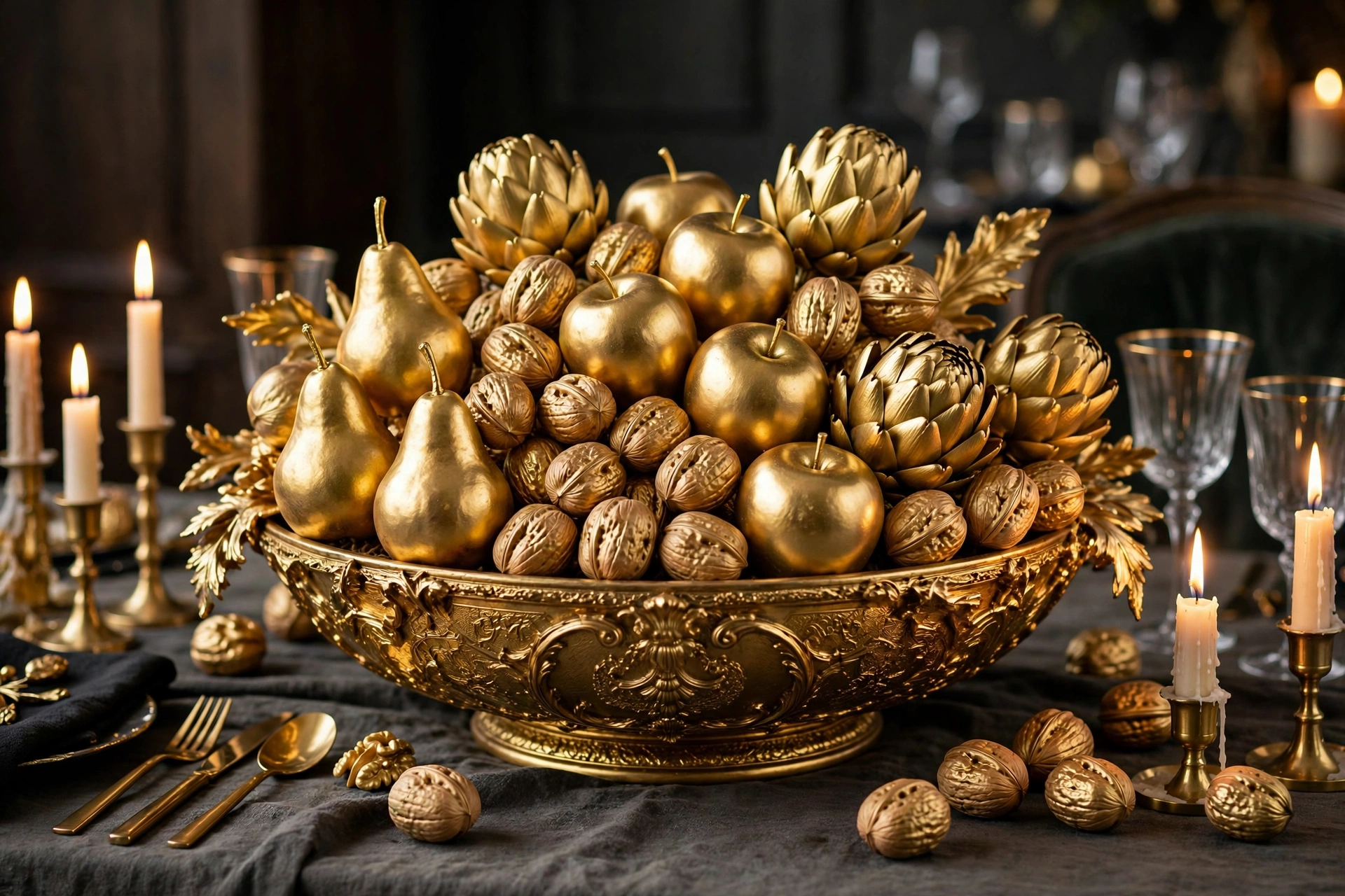 Gilded gold fruit and nut cornucopia as an opulent Christmas centerpiece