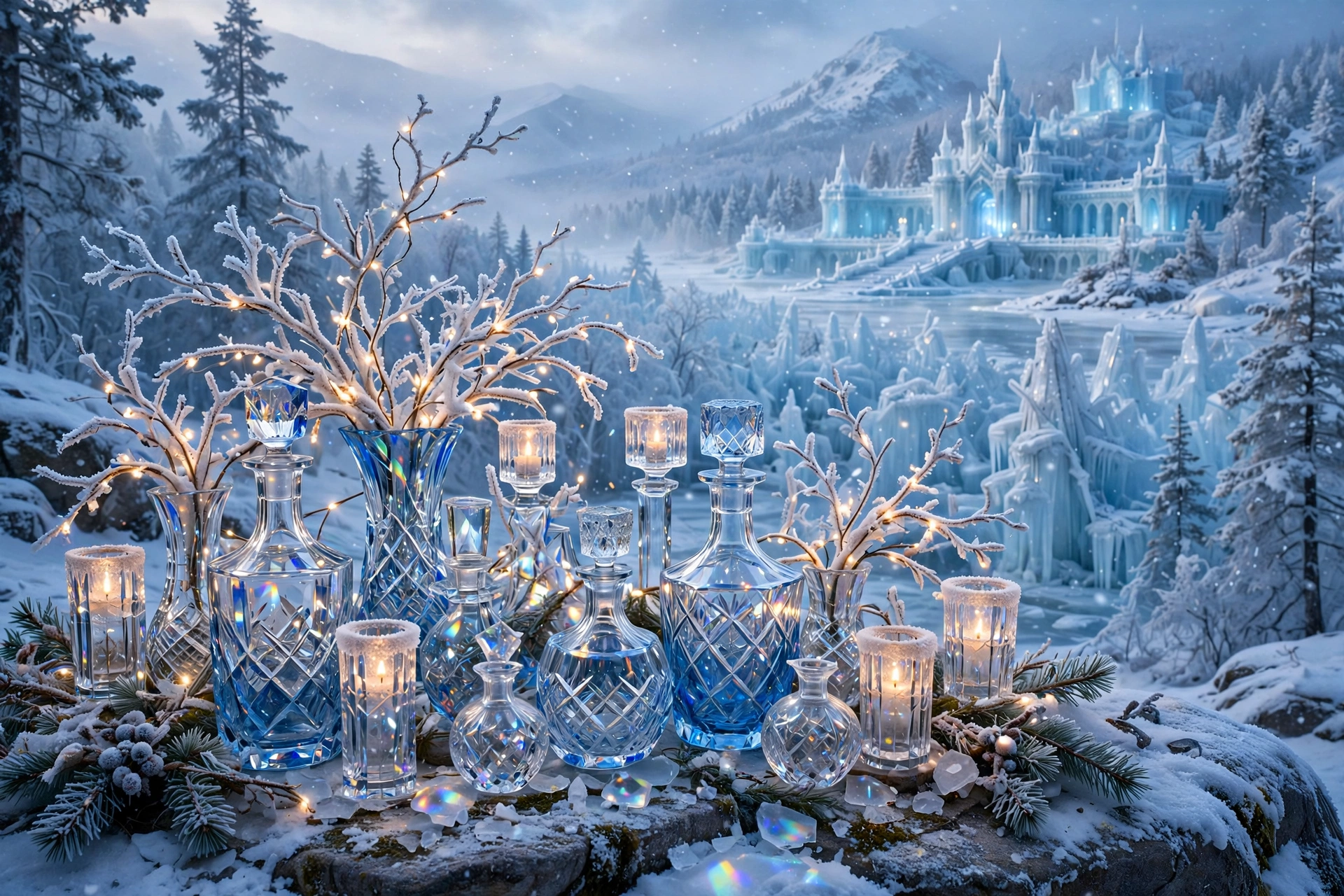 Ice-blue crystal forest of cut-crystal vases with white branches and fairy lights