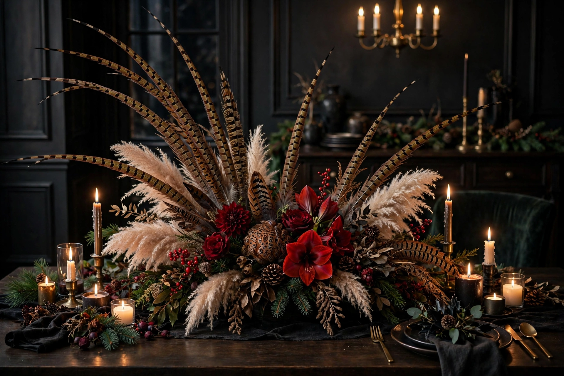 Dramatic feather accents with tall pheasant feathers and deep red blooms