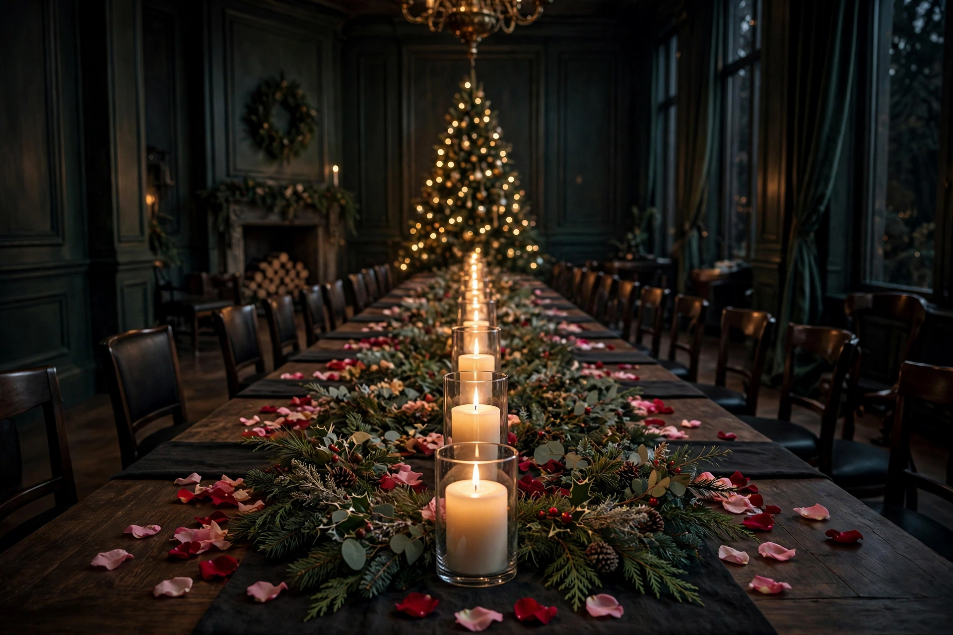 Candlelit tablescape runway of pillar candles running the length of the table