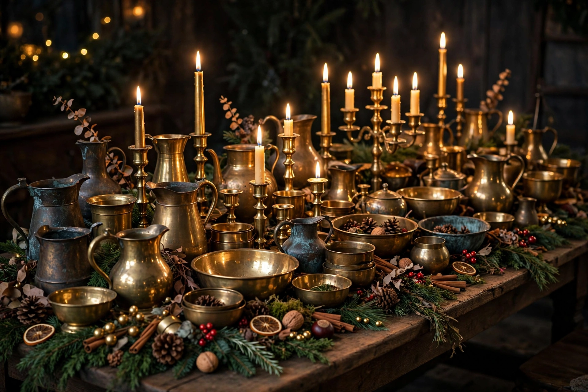 Vintage brass collection of candlesticks and pitchers down the Christmas table