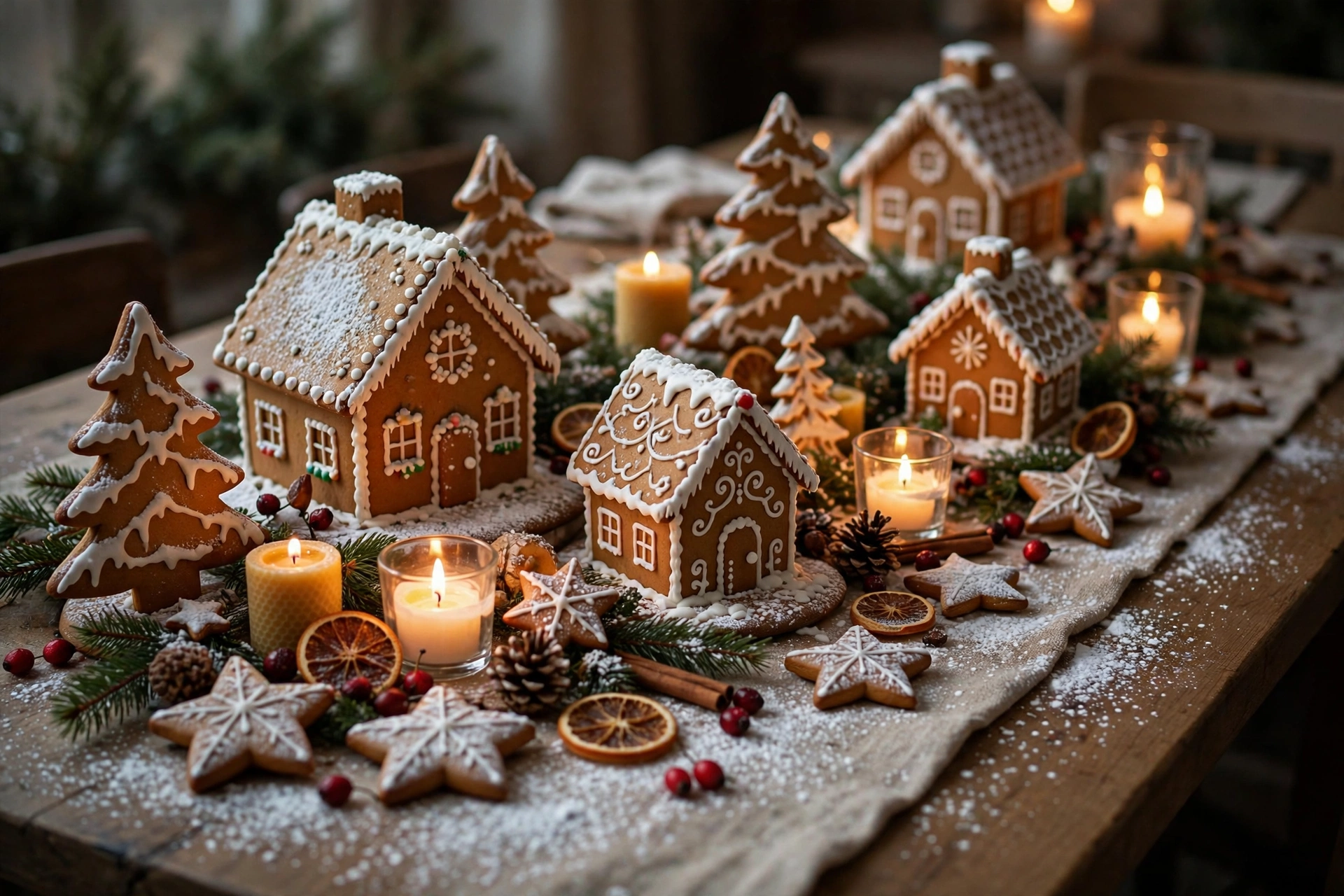 Edible gingerbread tablescape with gingerbread houses dusted in powdered-sugar snow