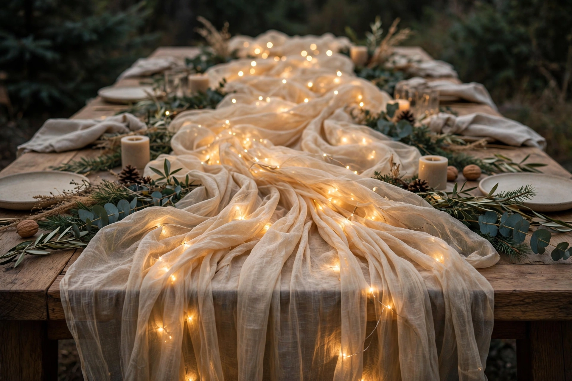 Dramatic sheer gold linen drape woven with fairy lights down the table