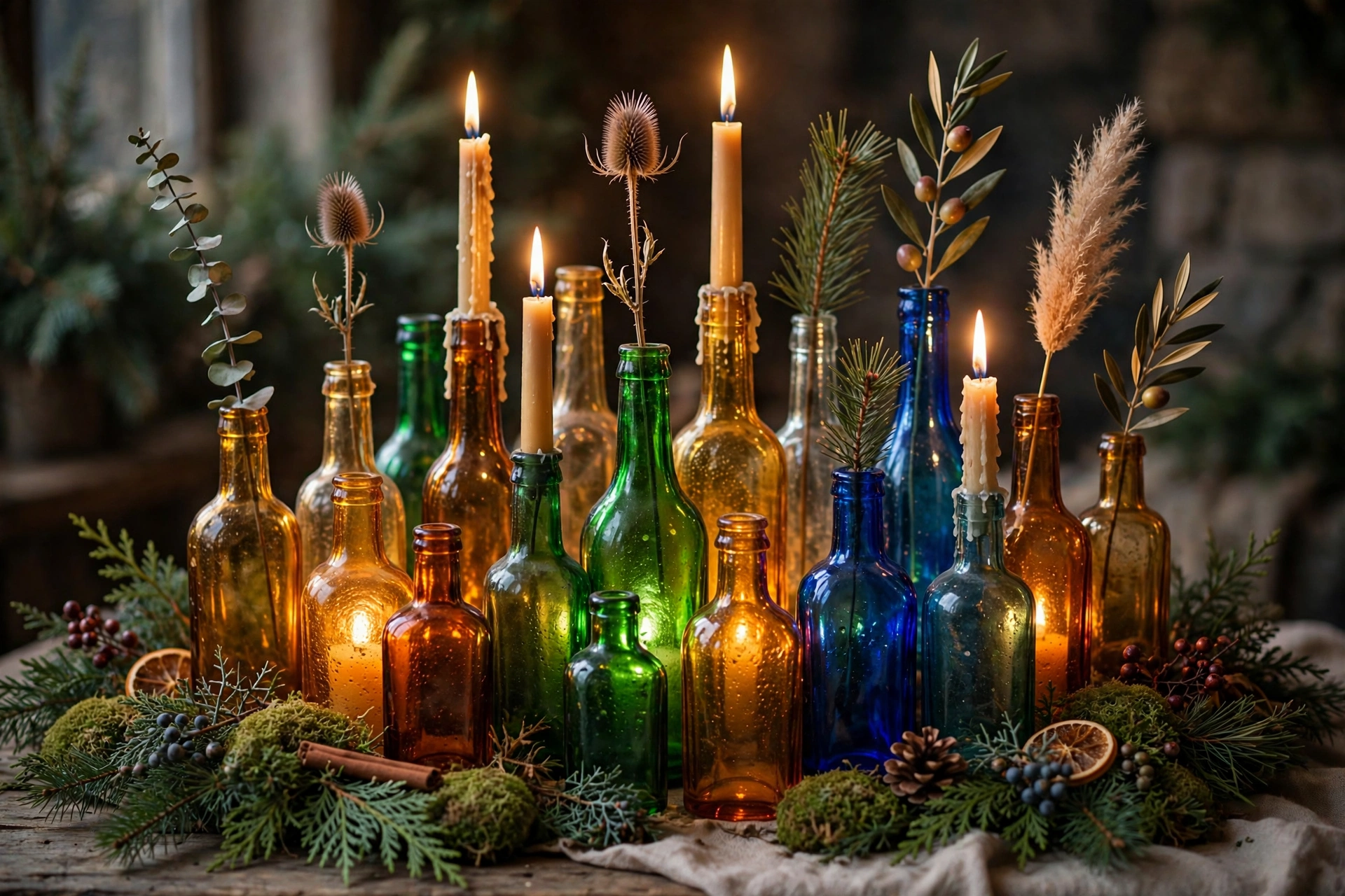 Collected vintage amber green and cobalt bottles holding tapers in candlelight