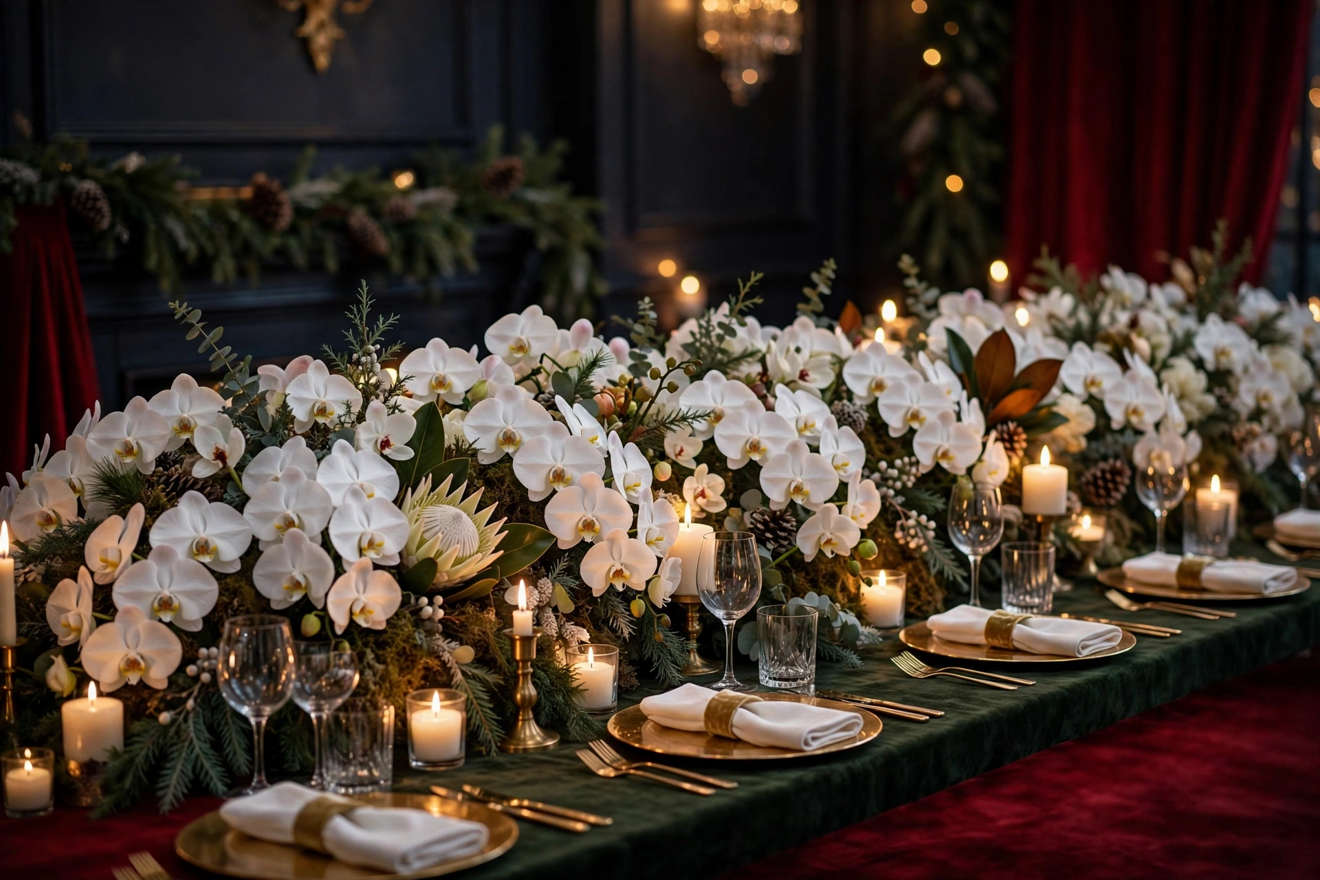 White orchid opulence bed of phalaenopsis running the length of the table