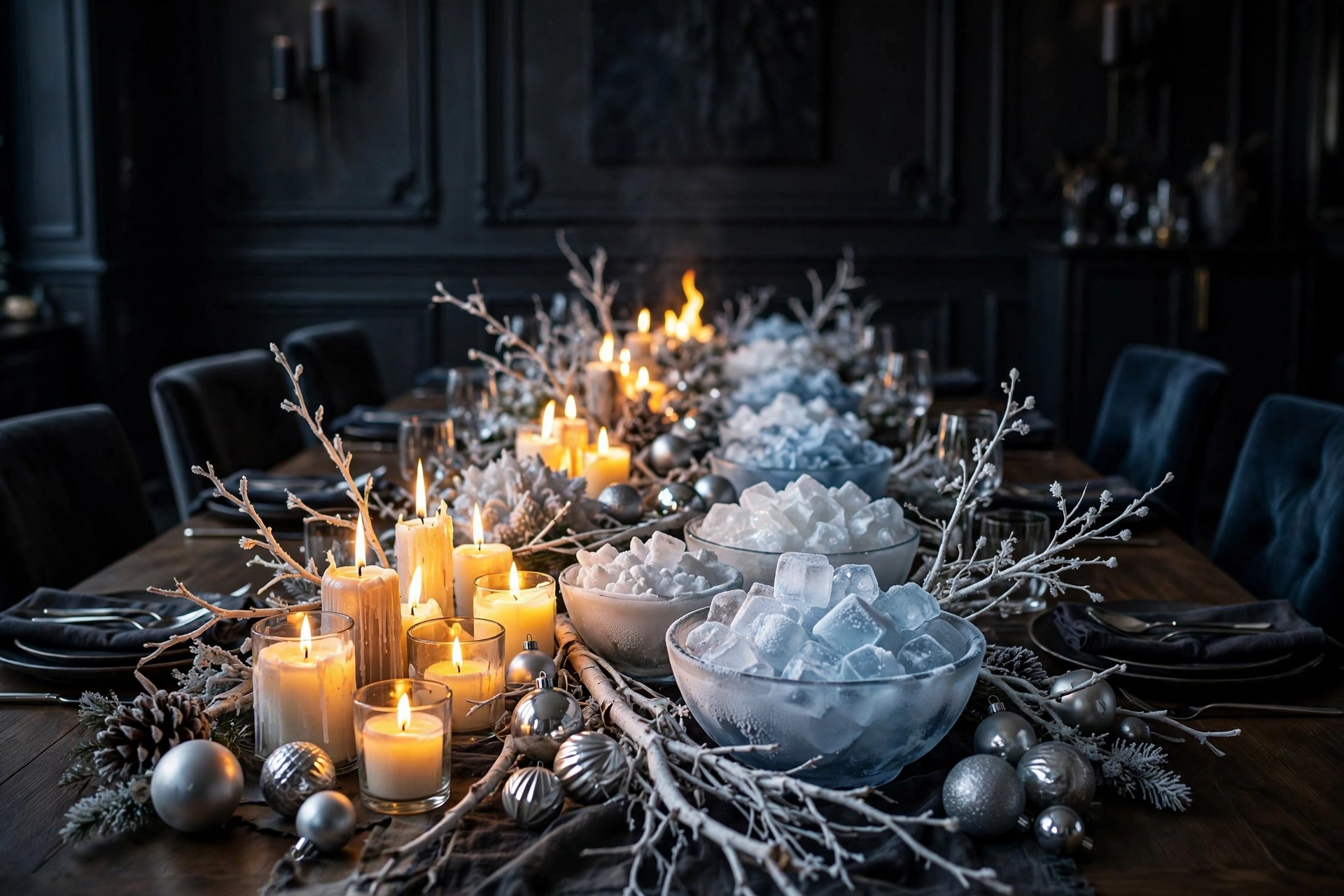 Fire and ice contrast of lit candles beside ice bowls and silver ornaments