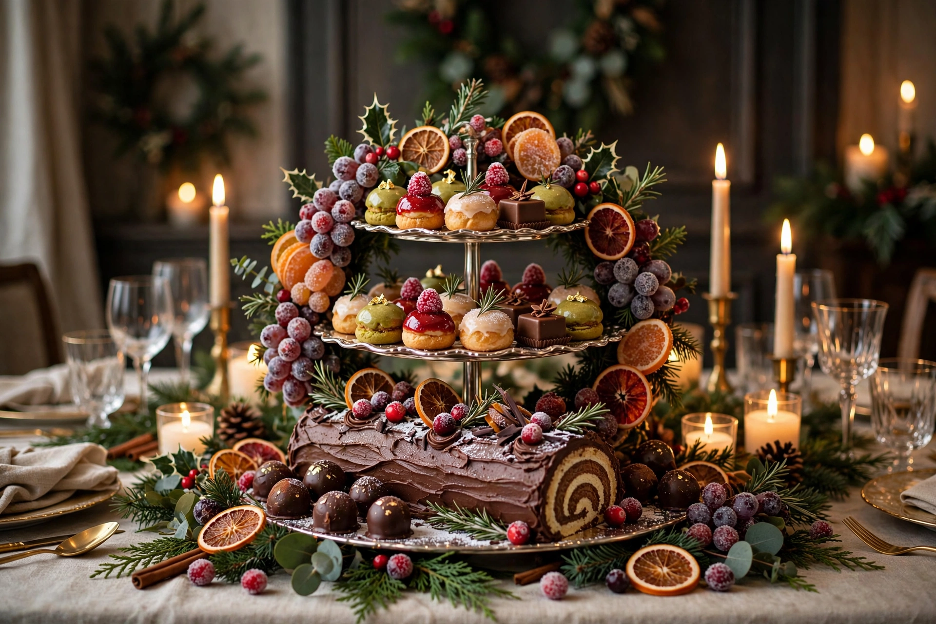 Grand finale dessert display with tiered petits fours and yule log as centerpiece