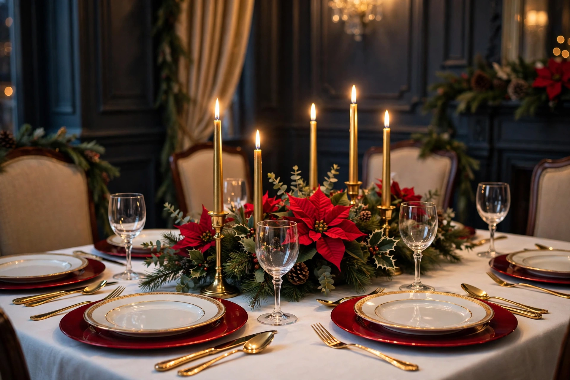 Classic red and gold formal Christmas table setting with gold charger, white dinner plate, red salad plate and crystal wine glasses