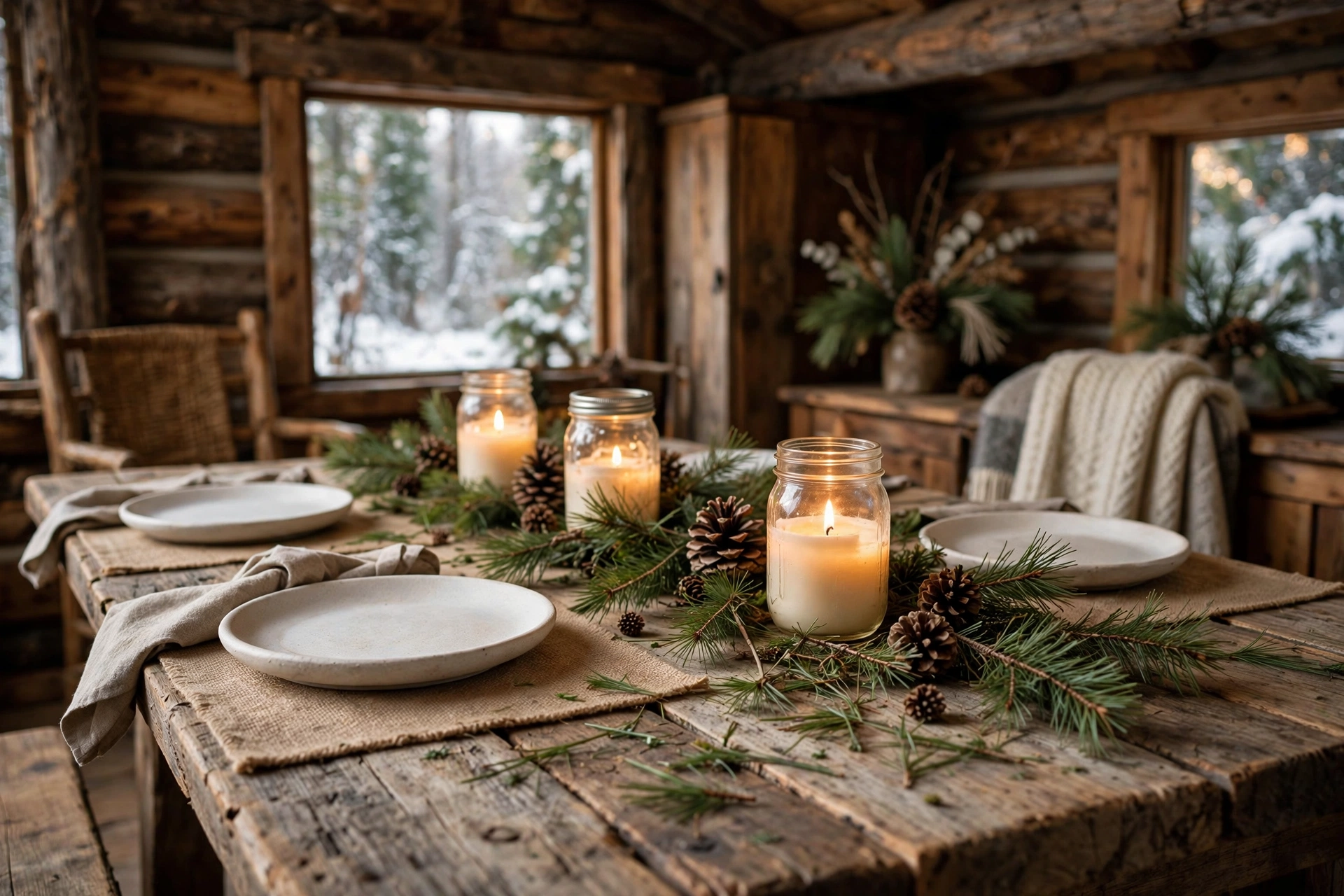 Rustic farmhouse woodland Christmas table setting with wooden charger, cream stoneware, pinecones and cedar sprigs