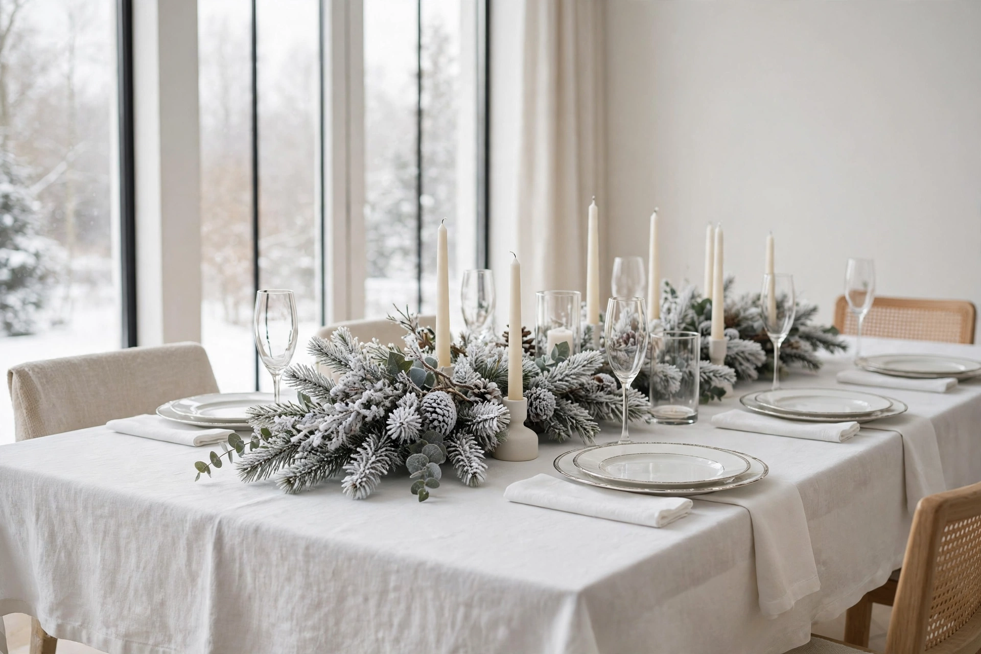 Winter white elegant Christmas table setting with layered white plates, silver flatware and white taper candles