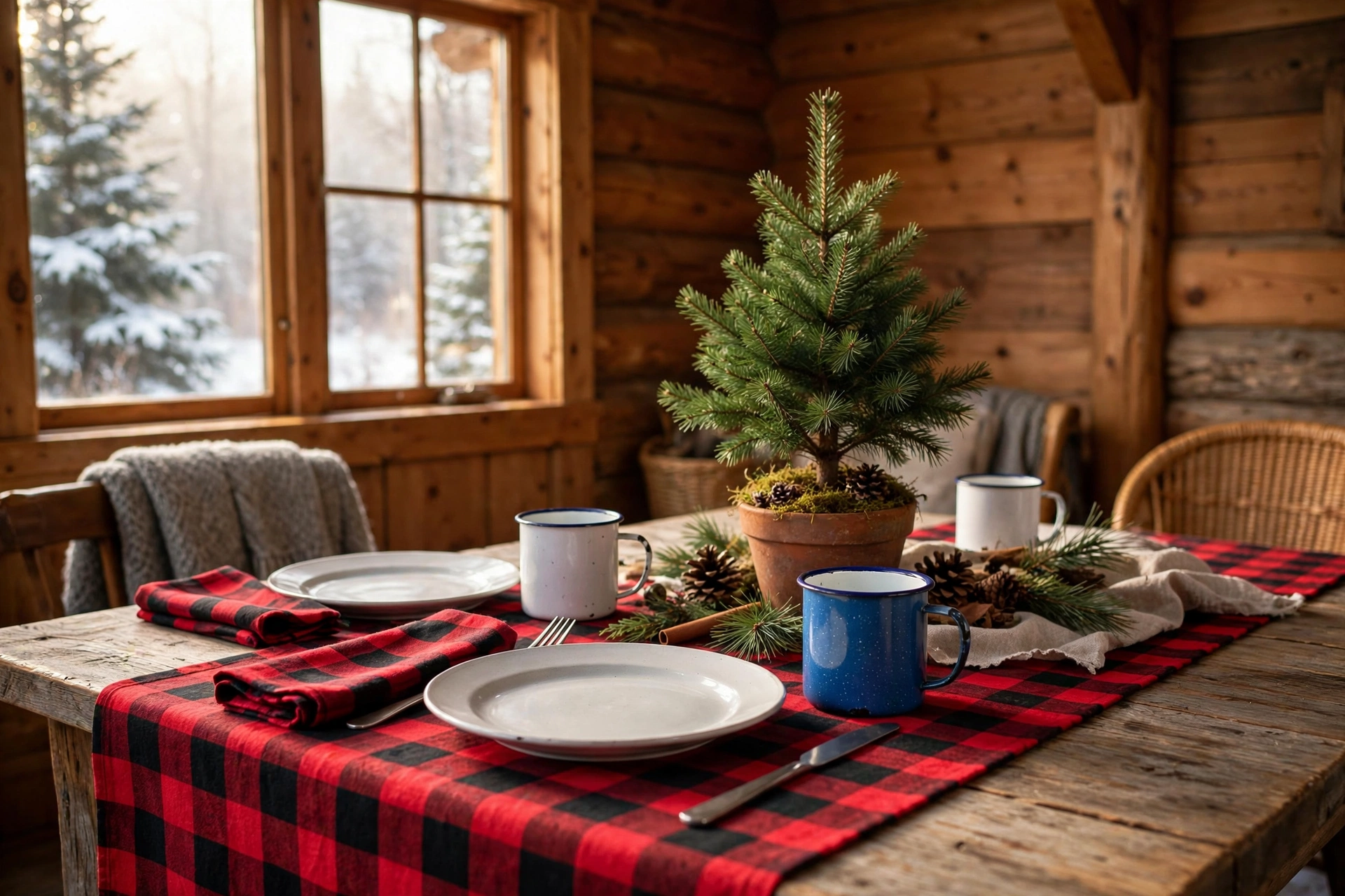 Casual buffalo plaid Christmas table setting with red dinner plate and jingle bell tied to the napkin