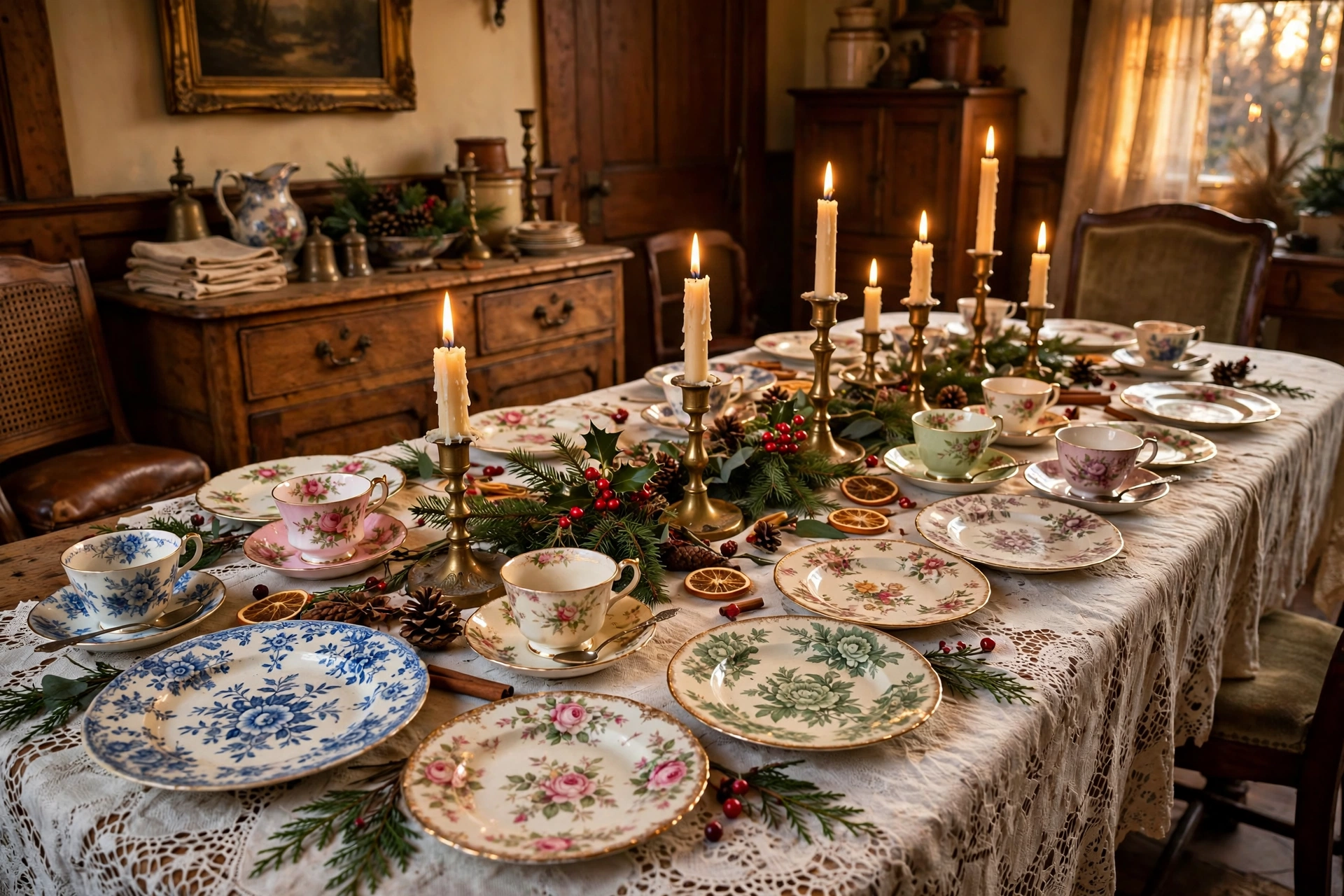 Vintage mix-and-match china Christmas table setting in red, green and gold patterns