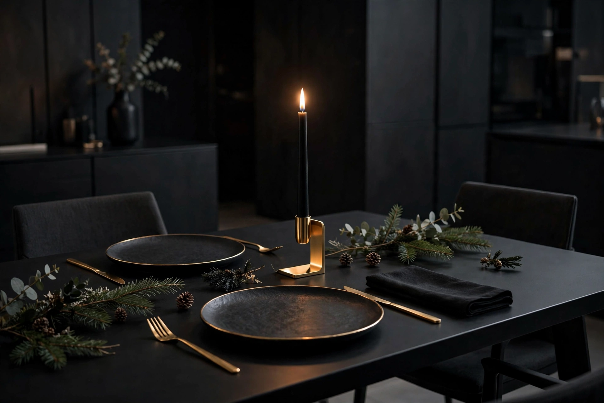 Modern minimalist black and gold Christmas table setting with matte black chargers and gold flatware