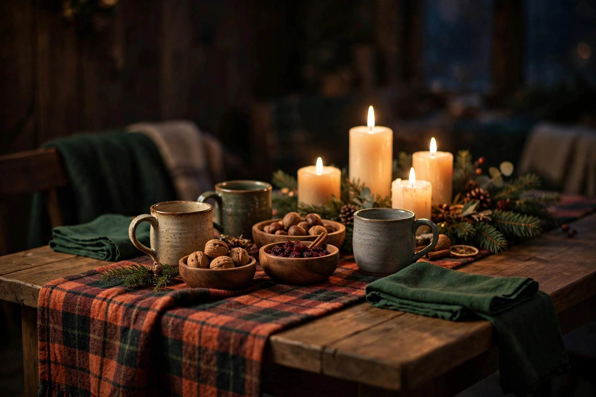 Cozy flannel and candlelight Christmas table setting with deep red placemats and glowing votive candles