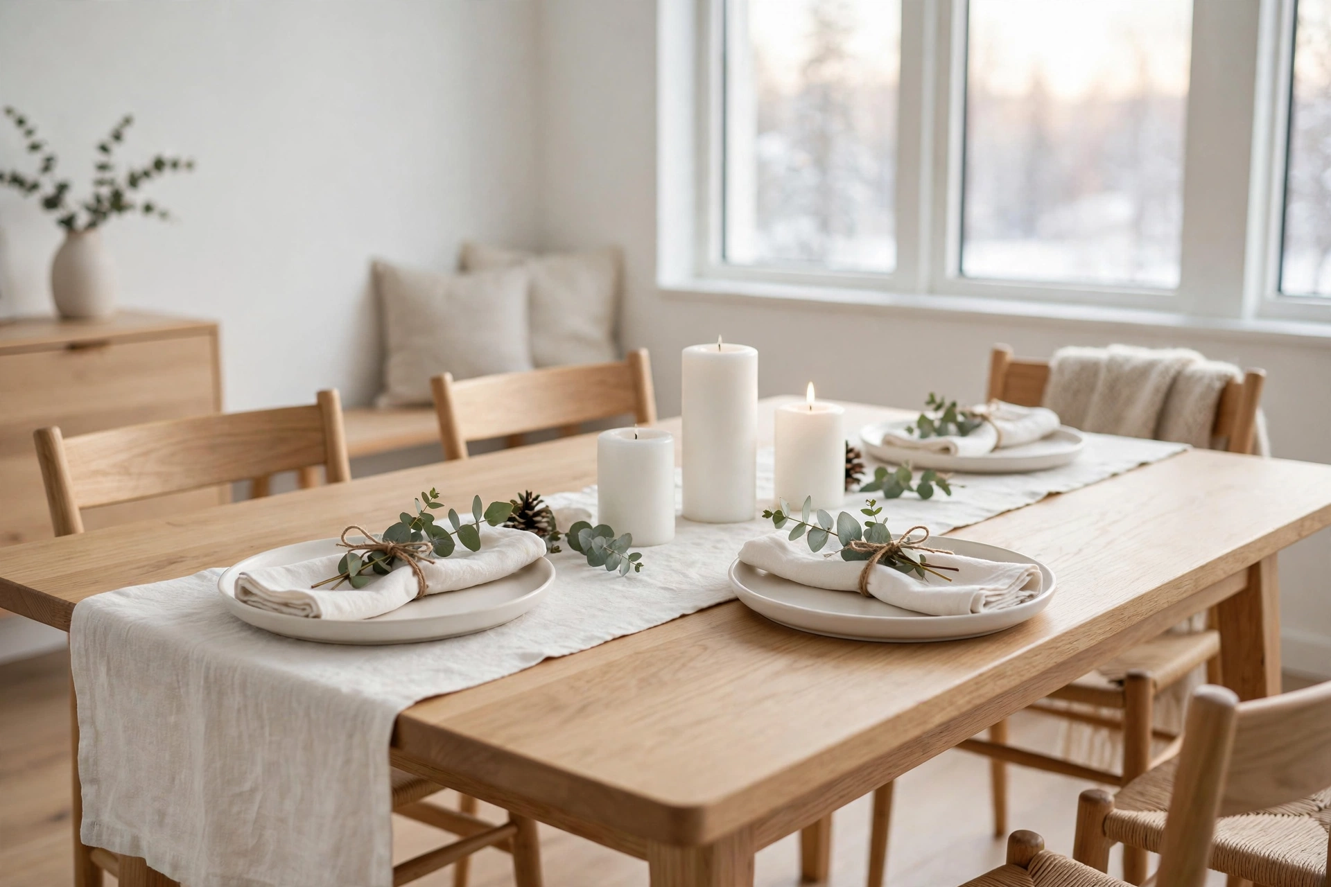 Simple Scandinavian Christmas table setting with light wood chargers and pine sprig tied napkins