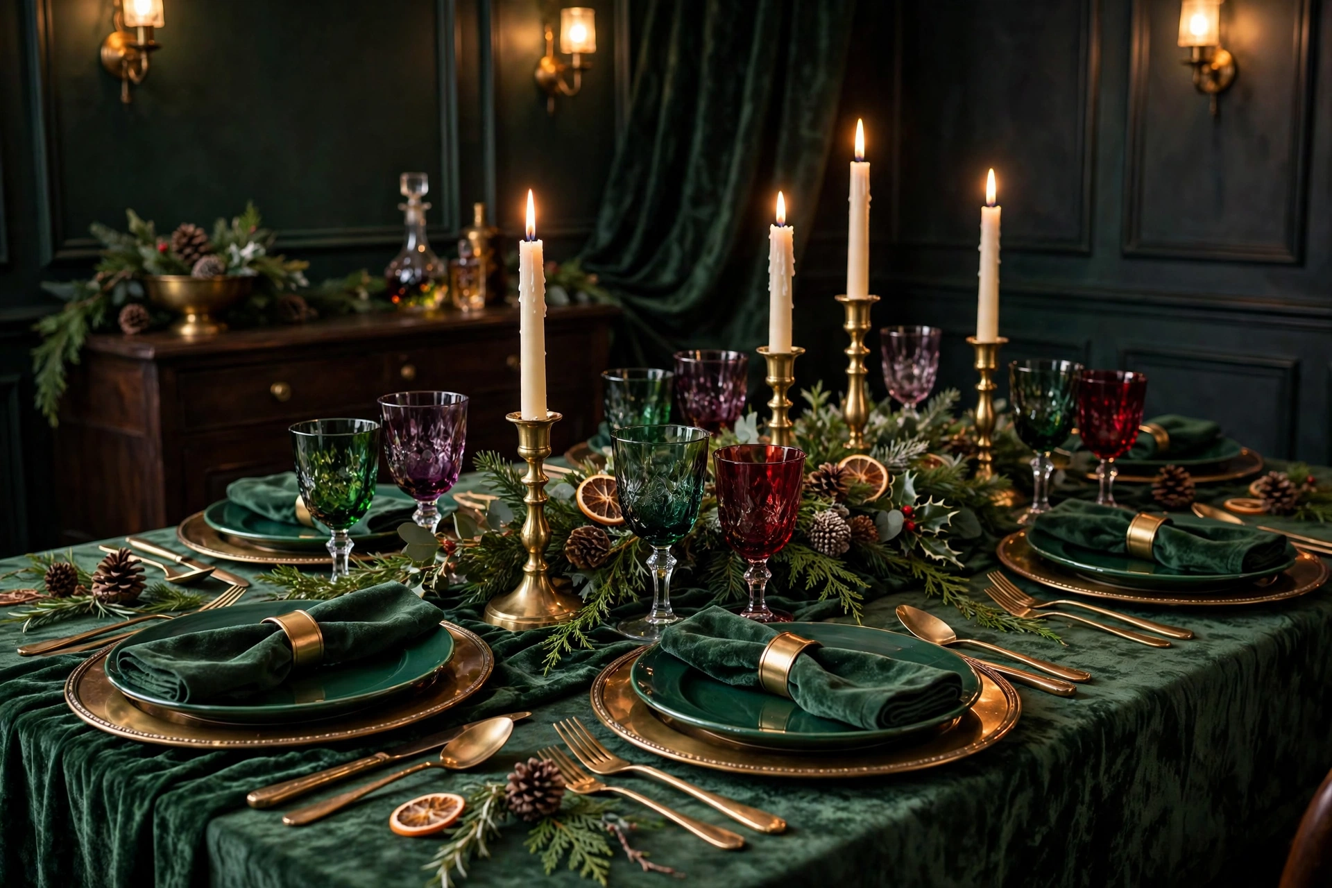 Emerald green and brass Christmas table setting with green velvet chargers and amber-tinted glasses