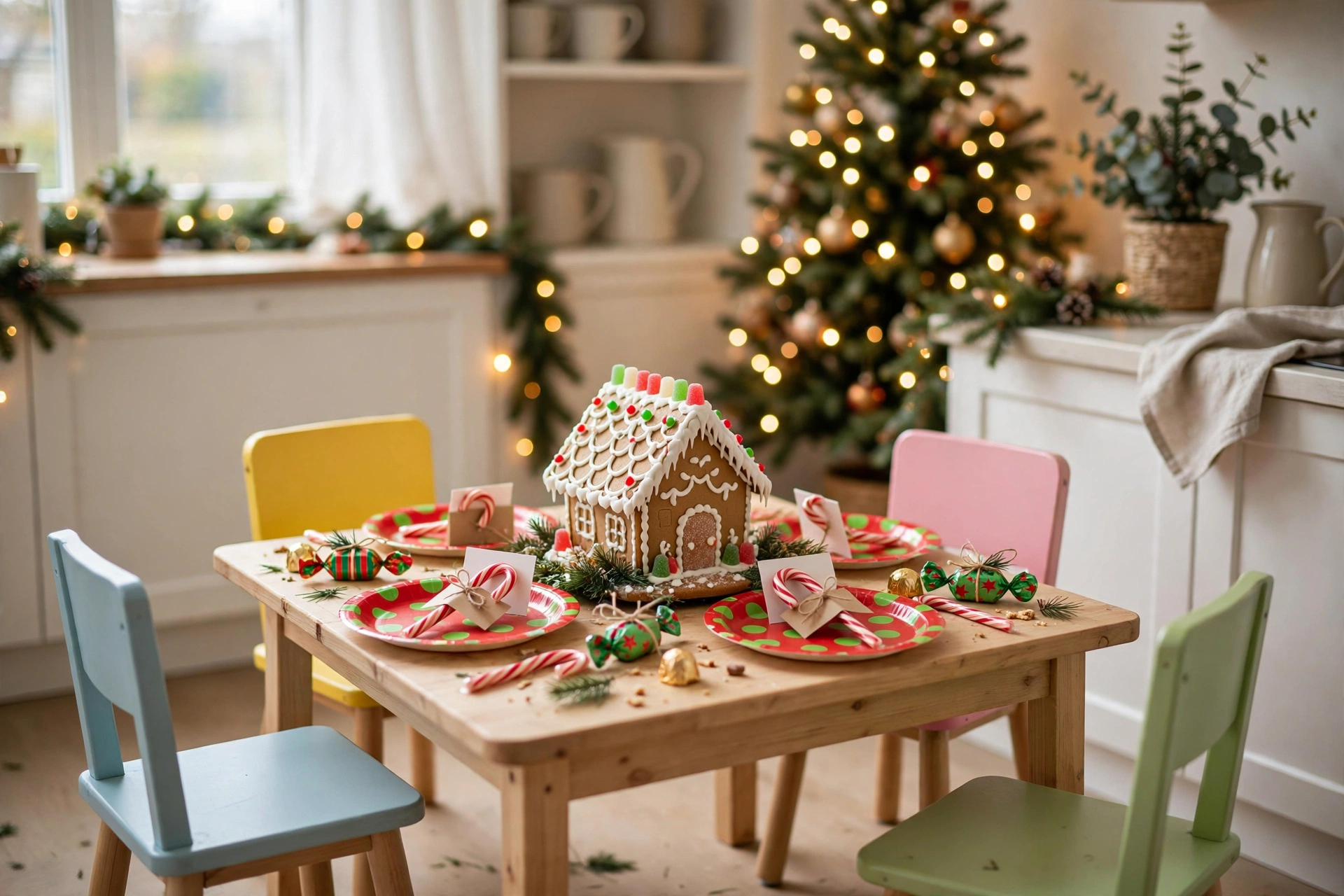 Kids' Christmas table setting with kraft paper tablecloth, red plates and crayon-filled stockings