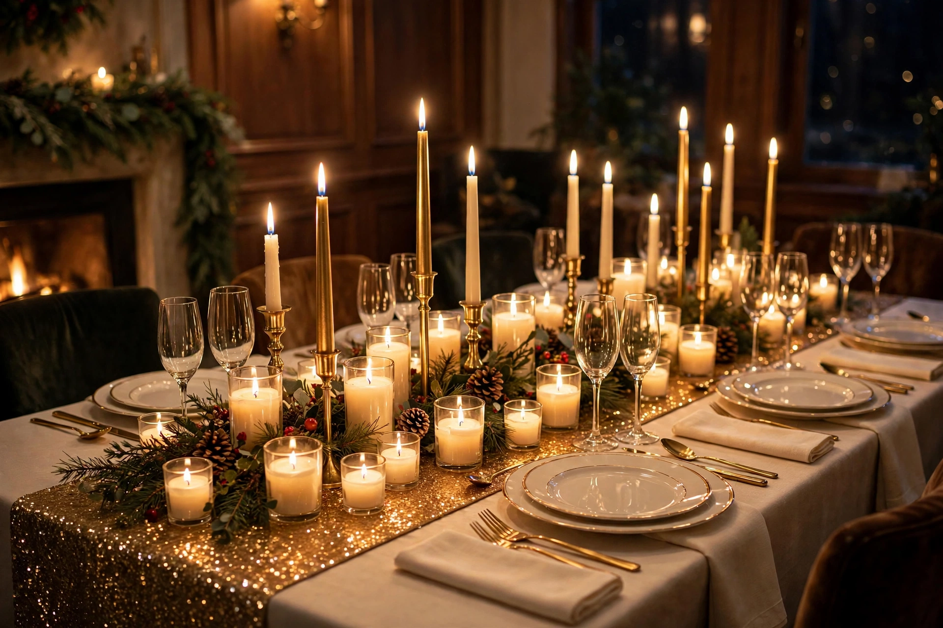 Candlelit gold-rimmed Christmas table setting with gold chargers, gold flatware and tall gold candlesticks