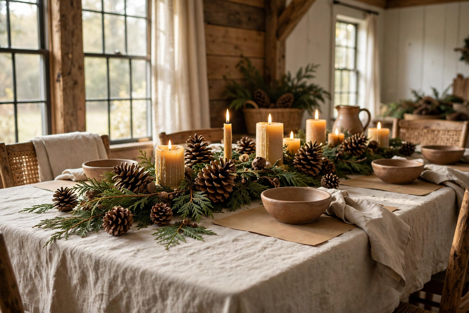 Natural pinecone and linen Christmas table setting with twine-tied napkins, pinecones and cinnamon sticks