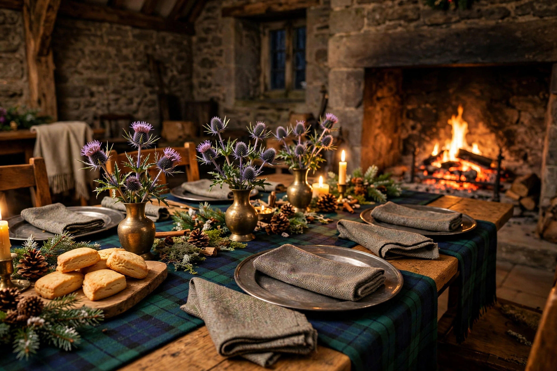 Tartan and thistle Scottish Christmas table setting with plaid placemats, dark green plates and pewter flatware