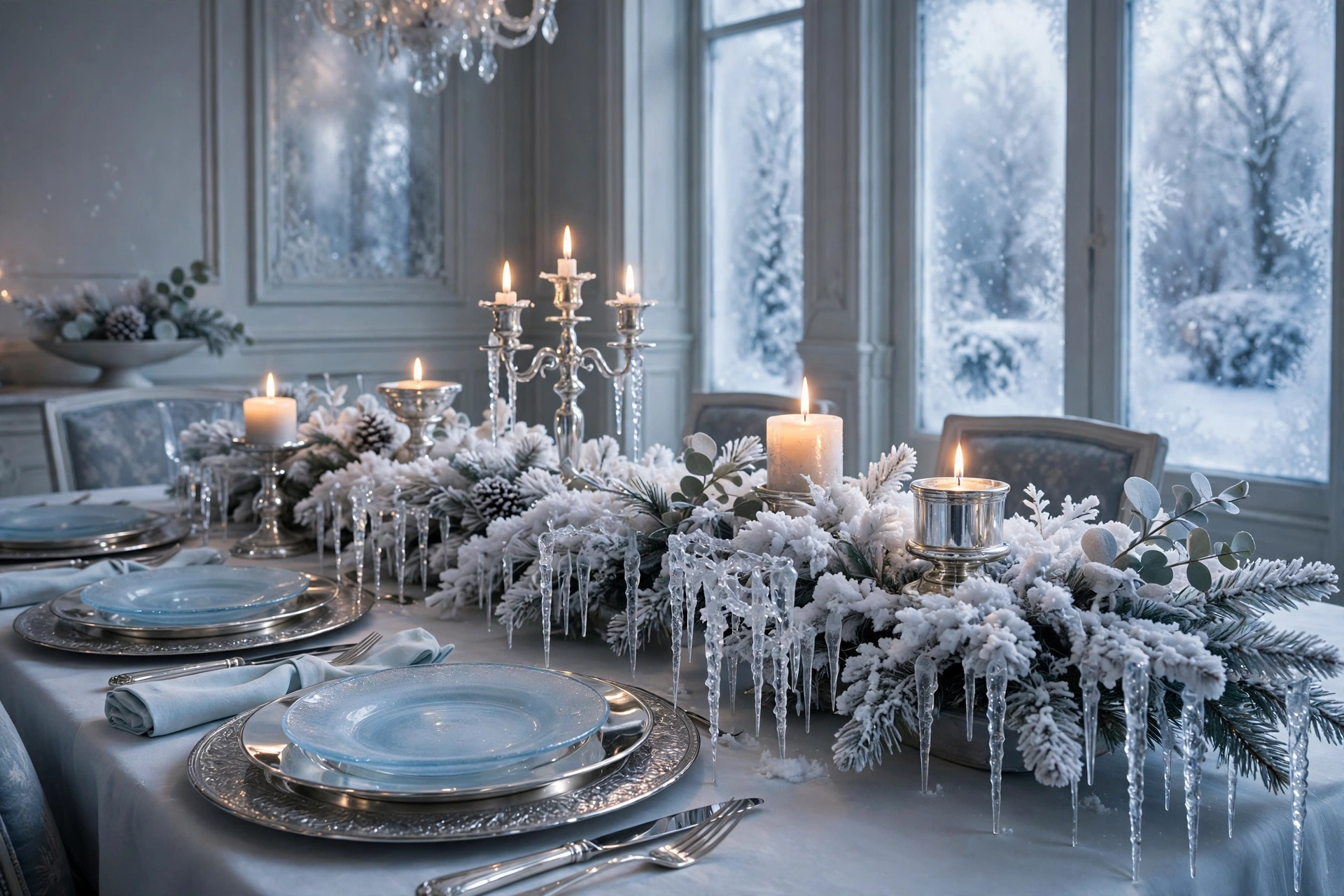 Frosted silver and ice blue Christmas table setting with silver chargers, crystal glasses and pine sprigs