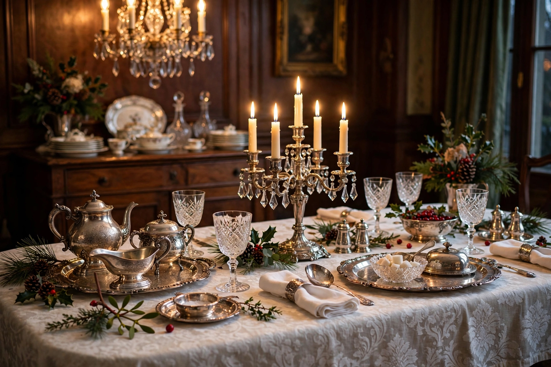 Grandmother's silver and crystal formal Christmas table setting with fine china and handwritten place cards