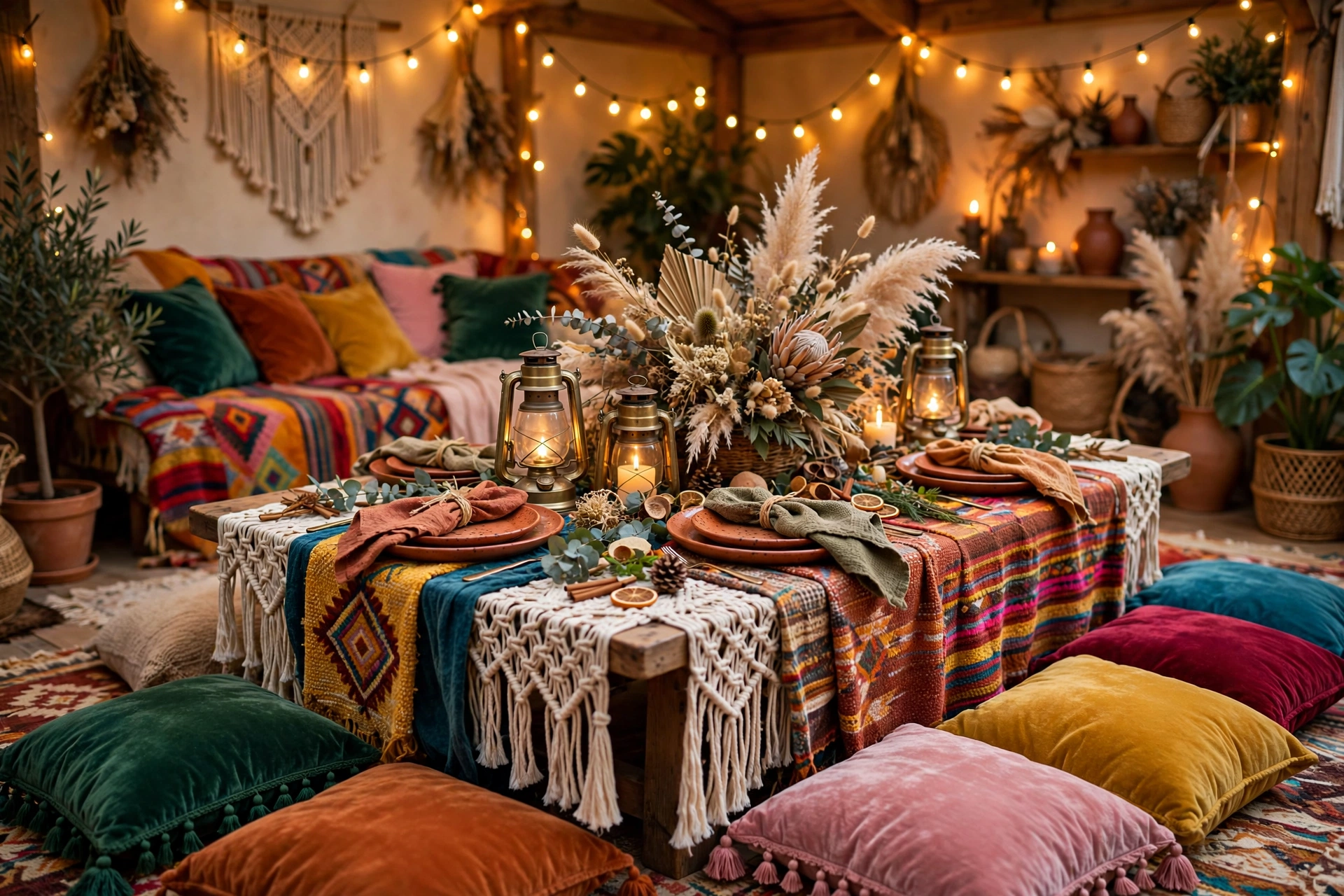 Boho eclectic Christmas table setting with rattan chargers, jewel-toned plates and dried orange slice napkins