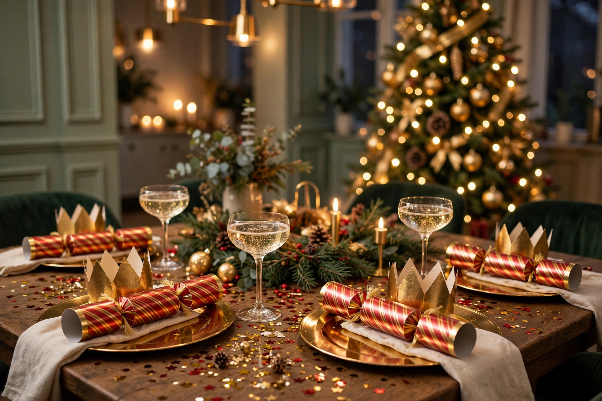 Christmas cracker and crown party table setting with a cracker laid diagonally across the dinner plates