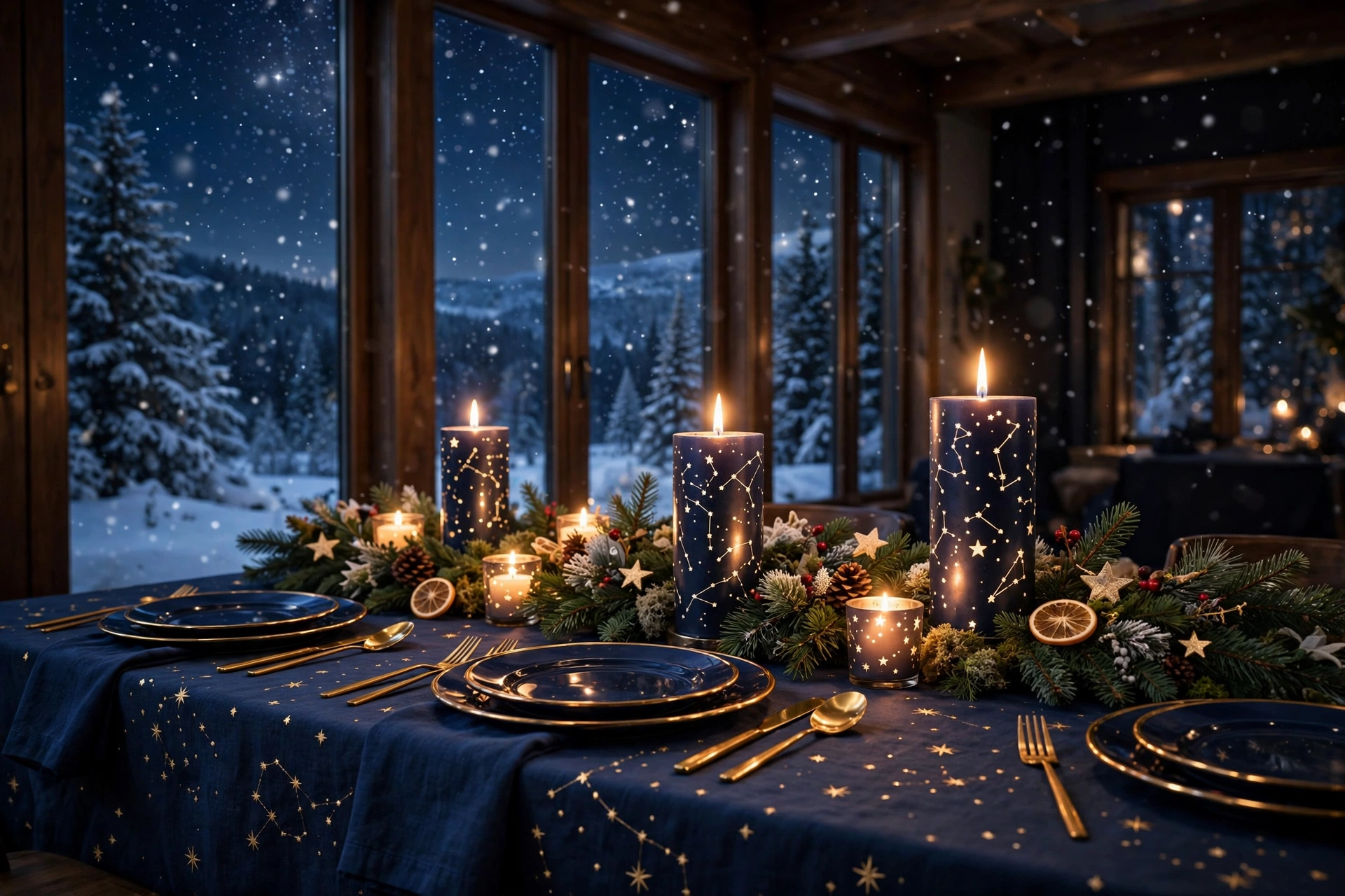 Midnight blue starry night Christmas table setting with navy chargers, silver flatware and star place cards