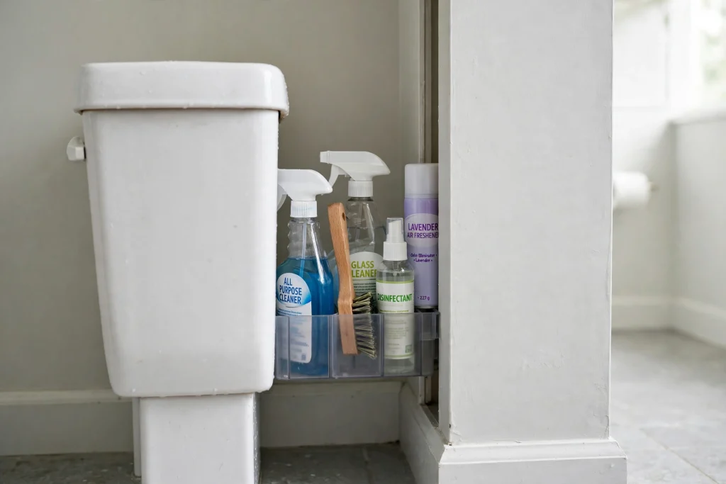 Slim slide-in organizer dropped into the gap between the toilet tank and the wall