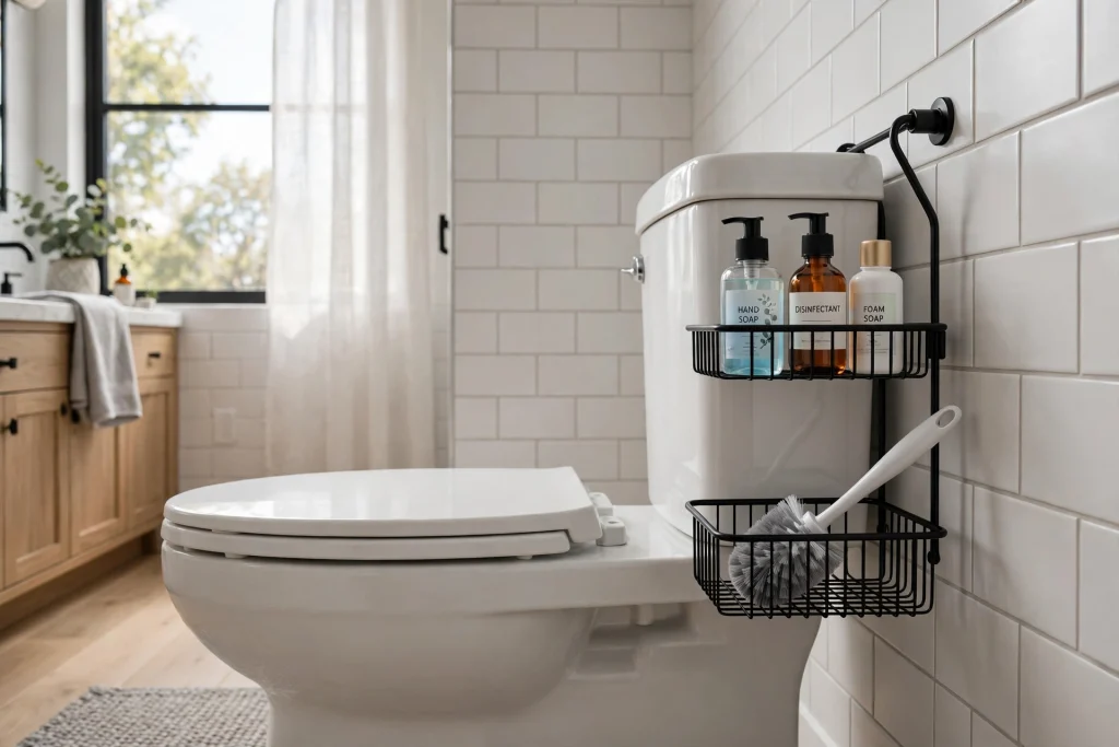 Over-the-back-of-tank hook caddy with two tiers of storage