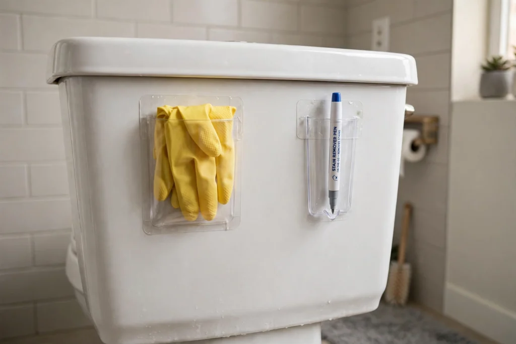 Adhesive storage pockets stuck on the back panel of a toilet tank